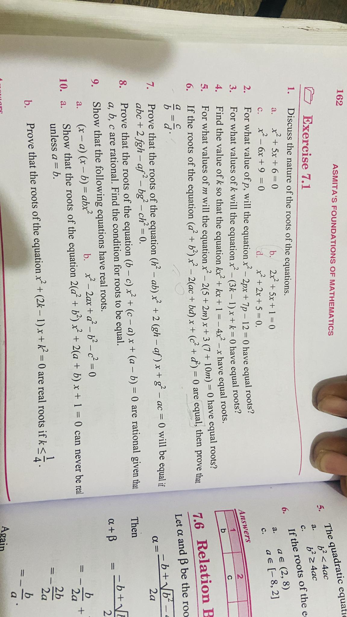 162 ASMITA'S FOUNDATIONS OF MATHEMATICS 5. The quadratic equati Exerci