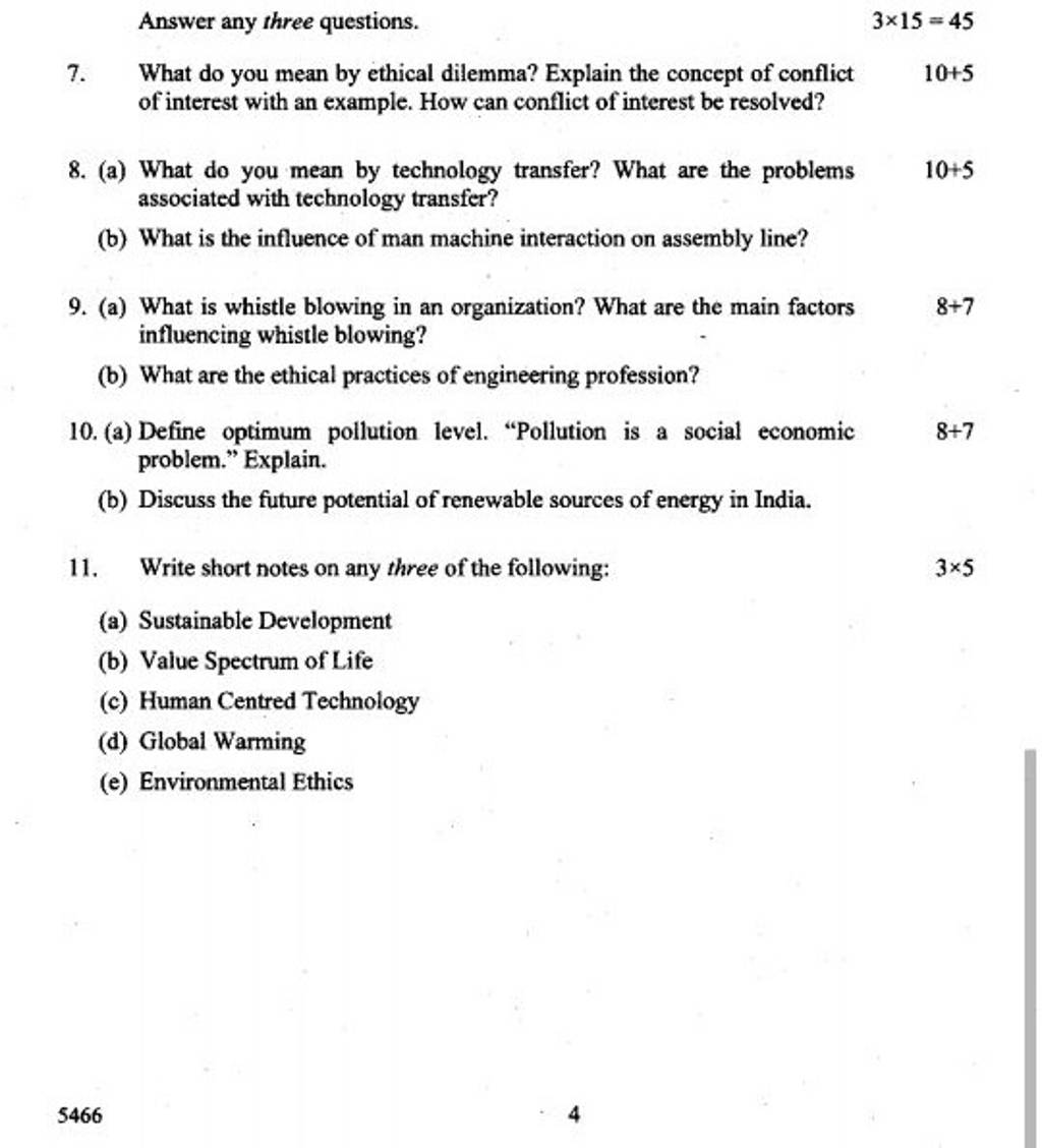 Answer any three questions. 3×15=45 7. What do you mean by ethical dil