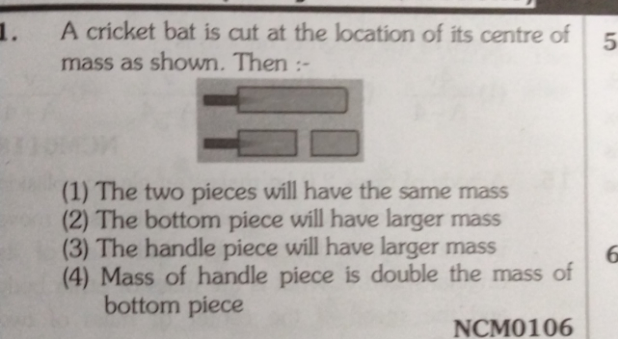 A cricket bat is cut at the location of its centre of mass as shown. T