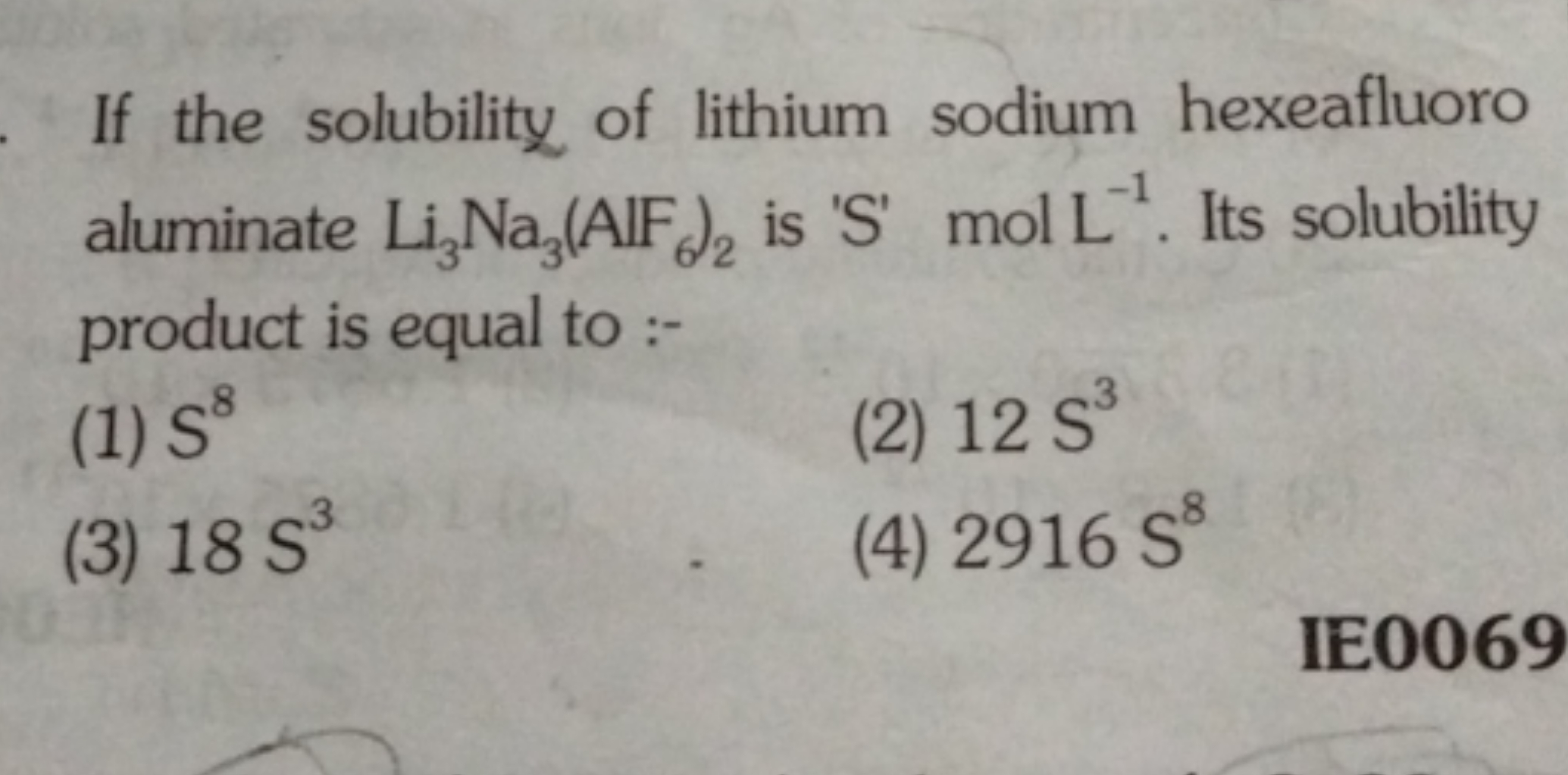 If the solubility of lithium sodium hexeafluoro aluminate Li3​Na3​(AIF