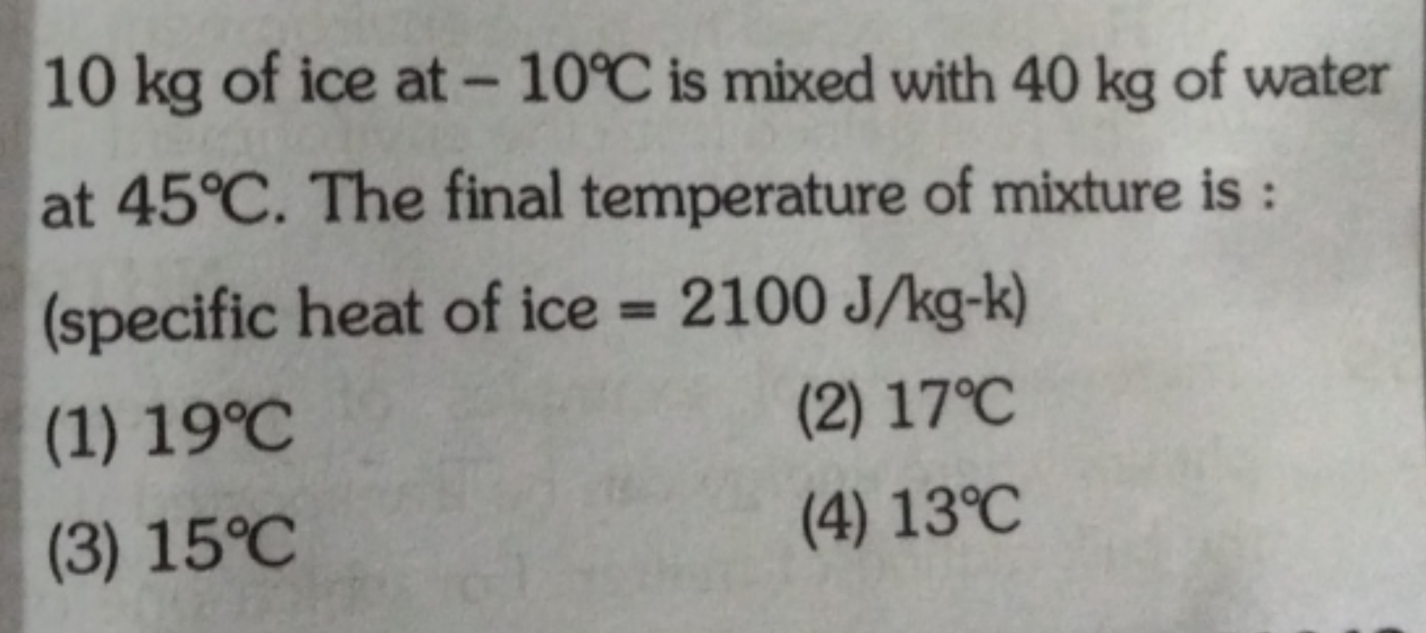 10 kg of ice at −10∘C is mixed with 40 kg of water at 45∘C. The final 