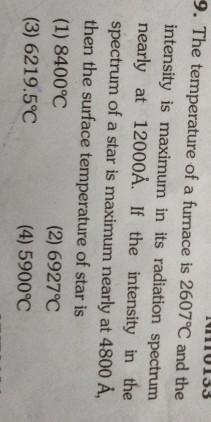 9. The temperature of a furnace is 2607∘C and the intensity is maximum