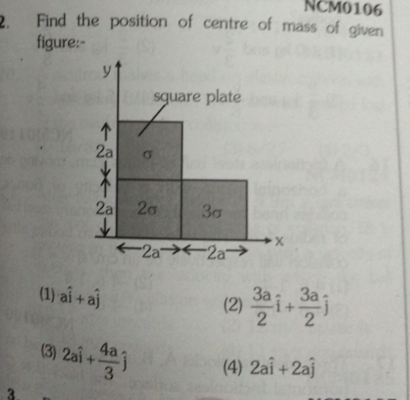 NCM0106
Find the position of centre of mass of given figure:-
(1) ai^+