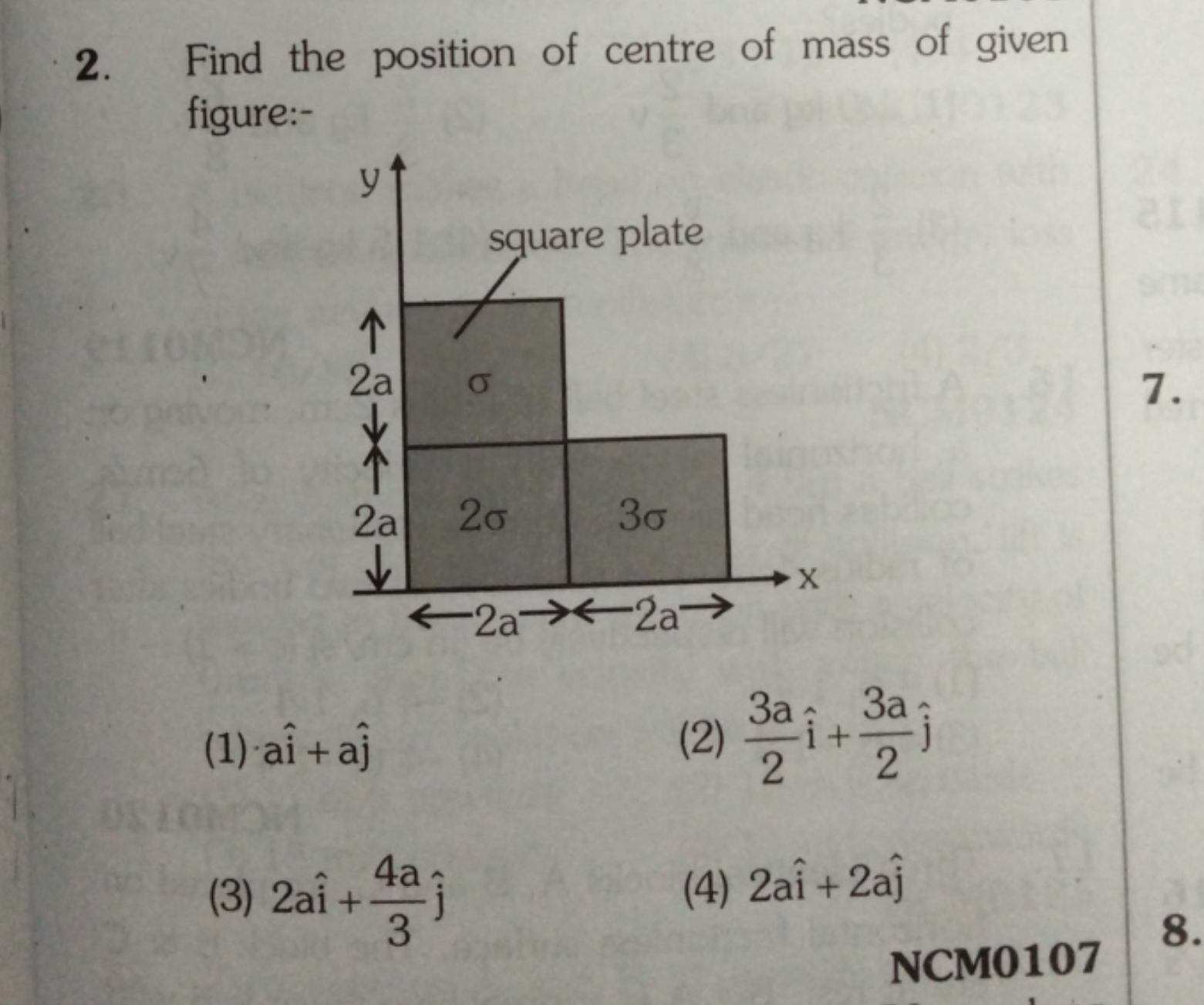 2. Find the position of centre of mass of given figure:-
(1) ⋅ai^+aj^​