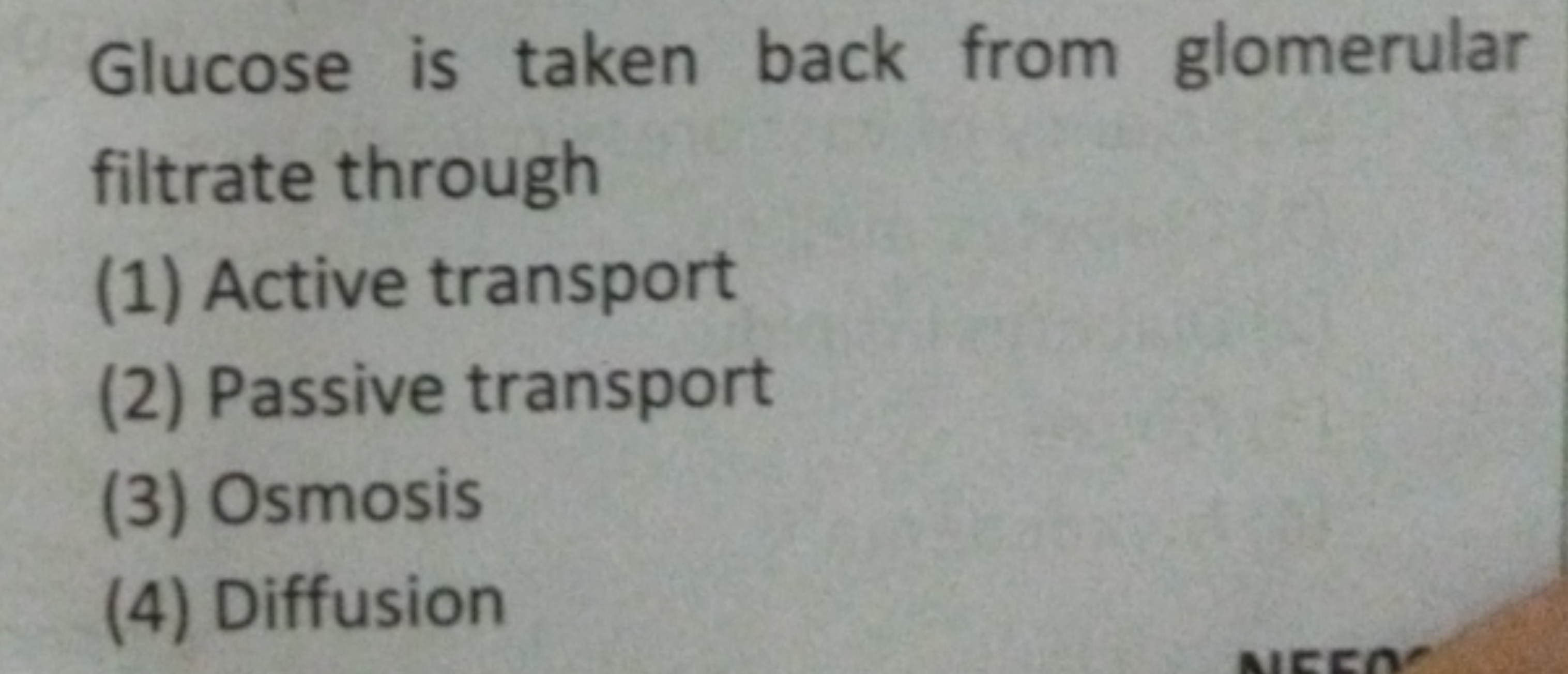 Glucose is taken back from glomerular filtrate through
(1) Active tran