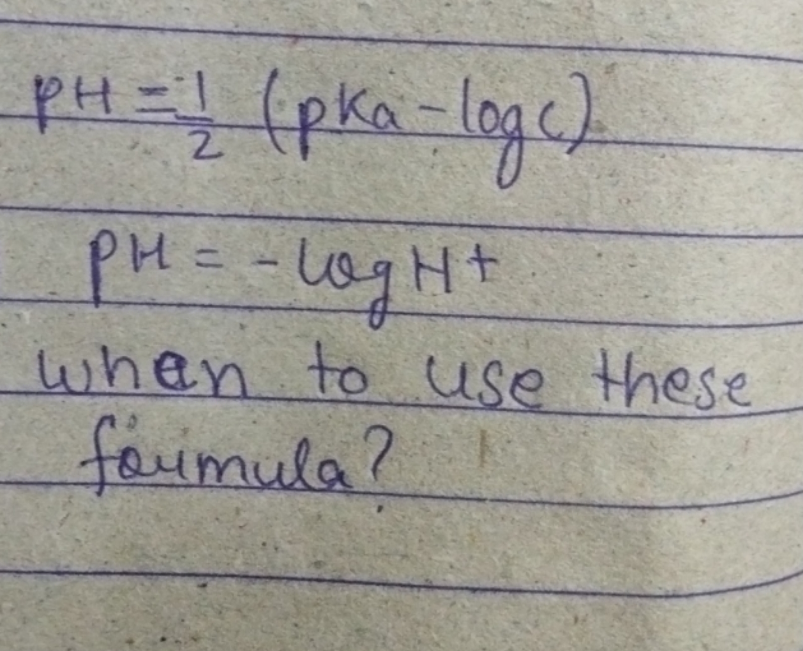 pH=21​(pka−logc)pH=−logHt​
when to use these formula?