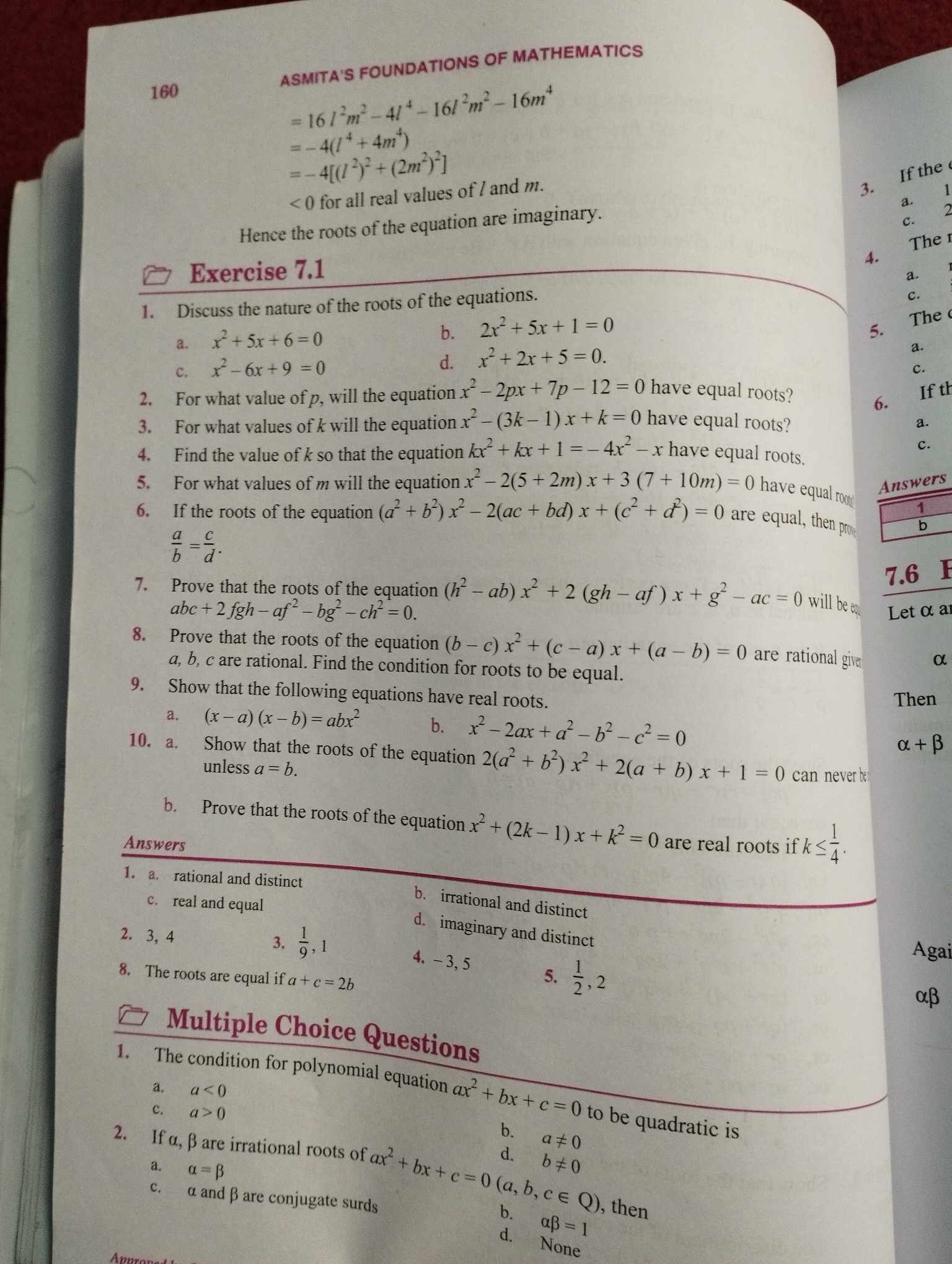 For what value of p, will the equation x2−2px+7p−12=0 have equal roots