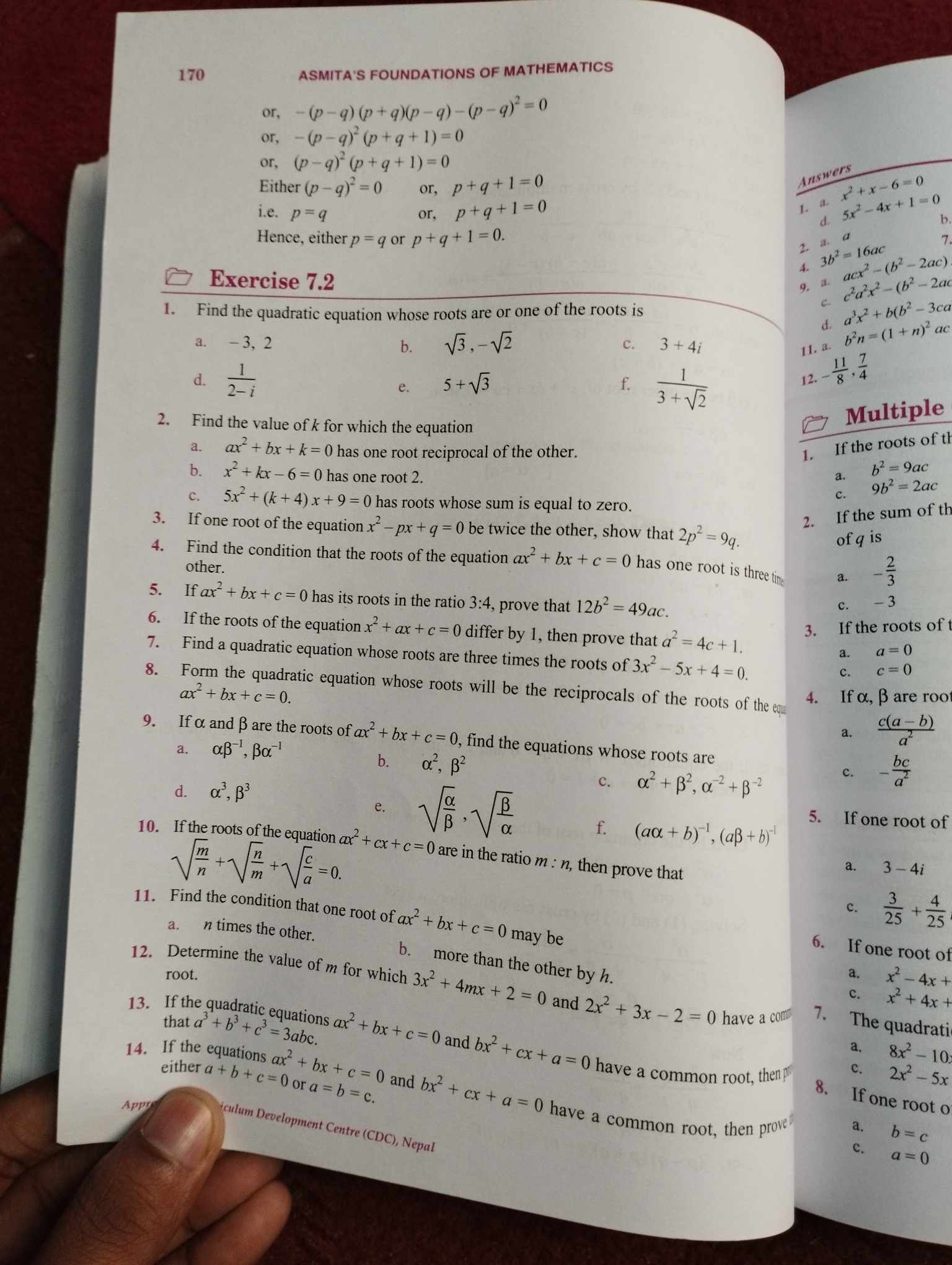 If one root of the equation x2−px+q=0 be twice the other, show that 2p