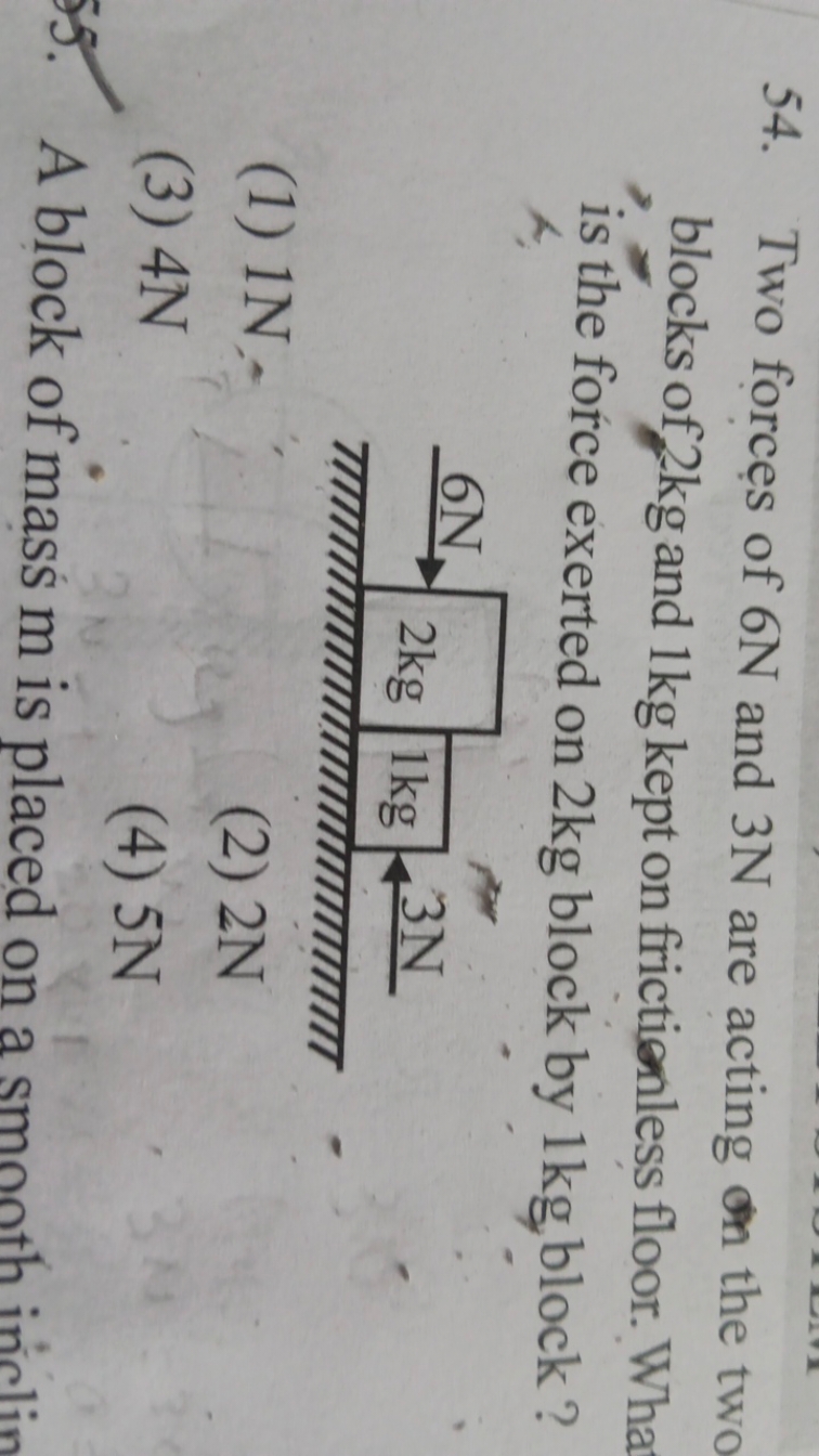 54. Two forces of 6 N and 3 N are acting the two blocks of 2 kg and 1 