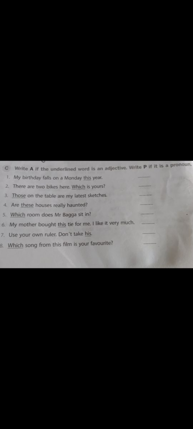 C Write A if the underlined word is an adjective. Write P if it is a p