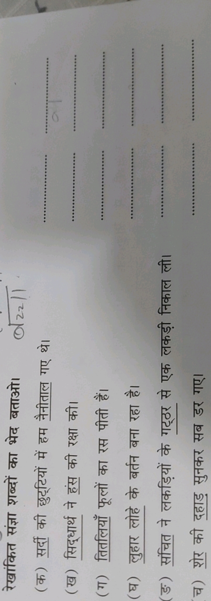 रेखांकित संज्ञा शब्दों का भेद बताओ।
ब 2211
(क) सर्दी की छुट्टियों में 