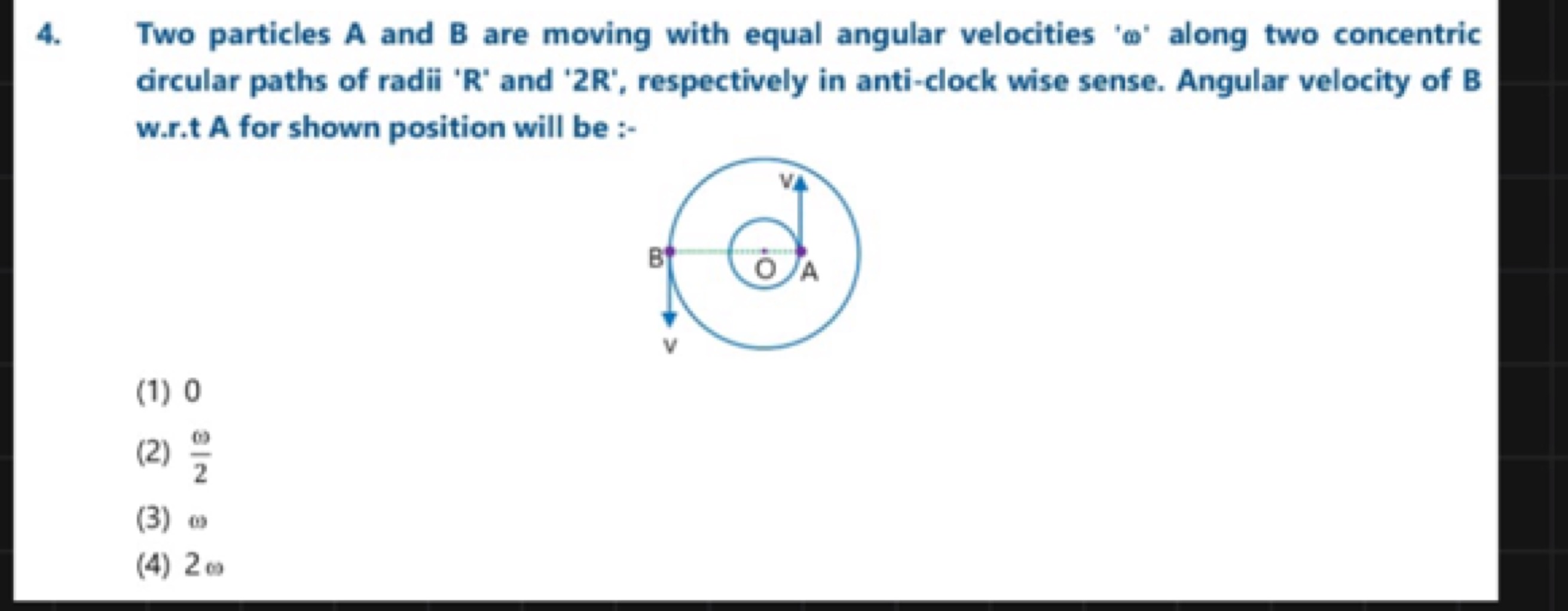 4. Two particles A and B are moving with equal angular velocities ' ω 