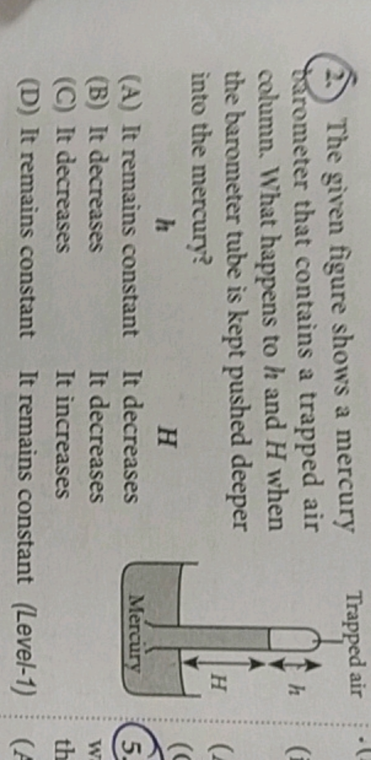 (2.) The given figure shows a mercury barometer that contains a trappe