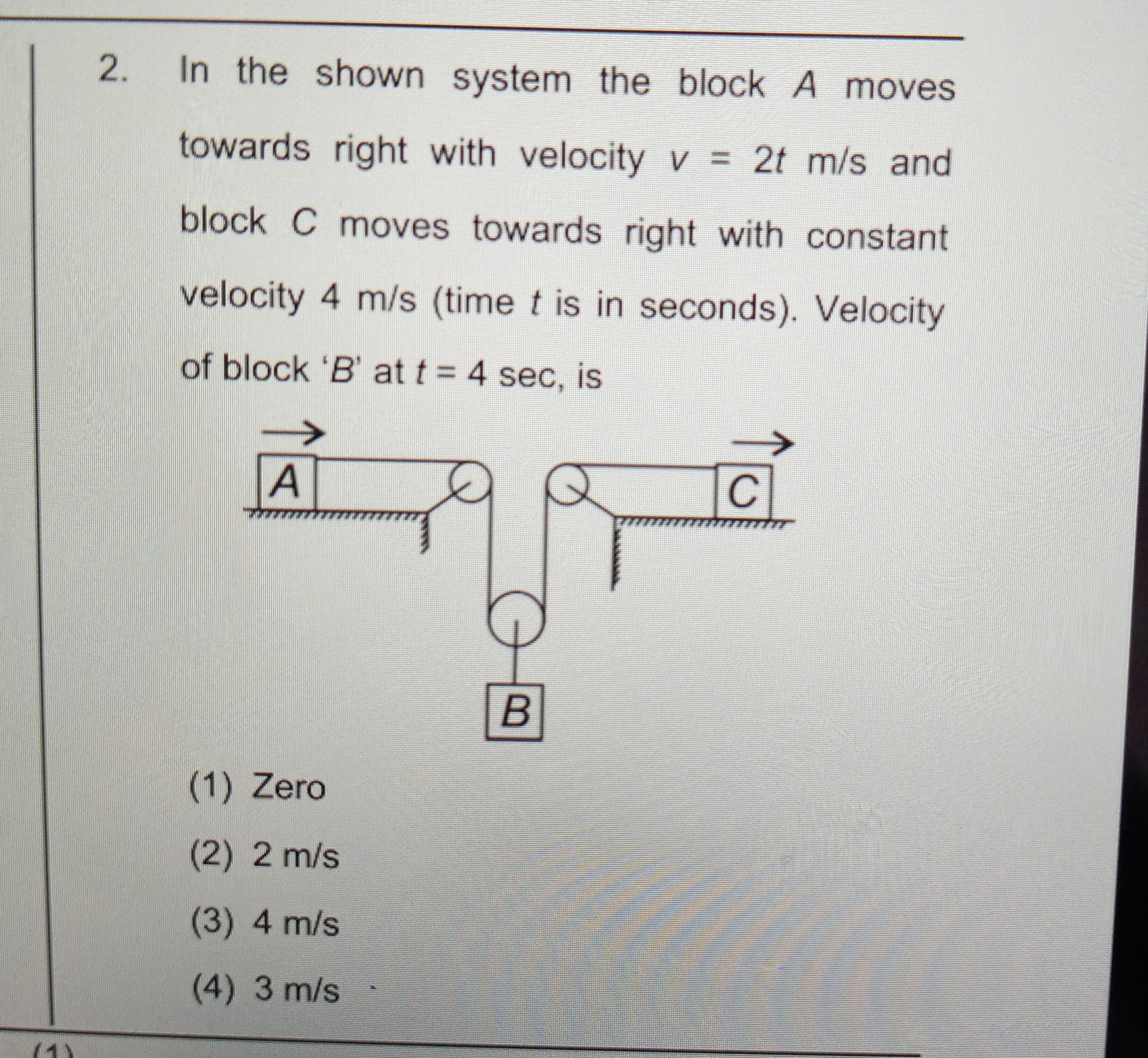 In the shown system the block A moves towards right with velocity v=2t