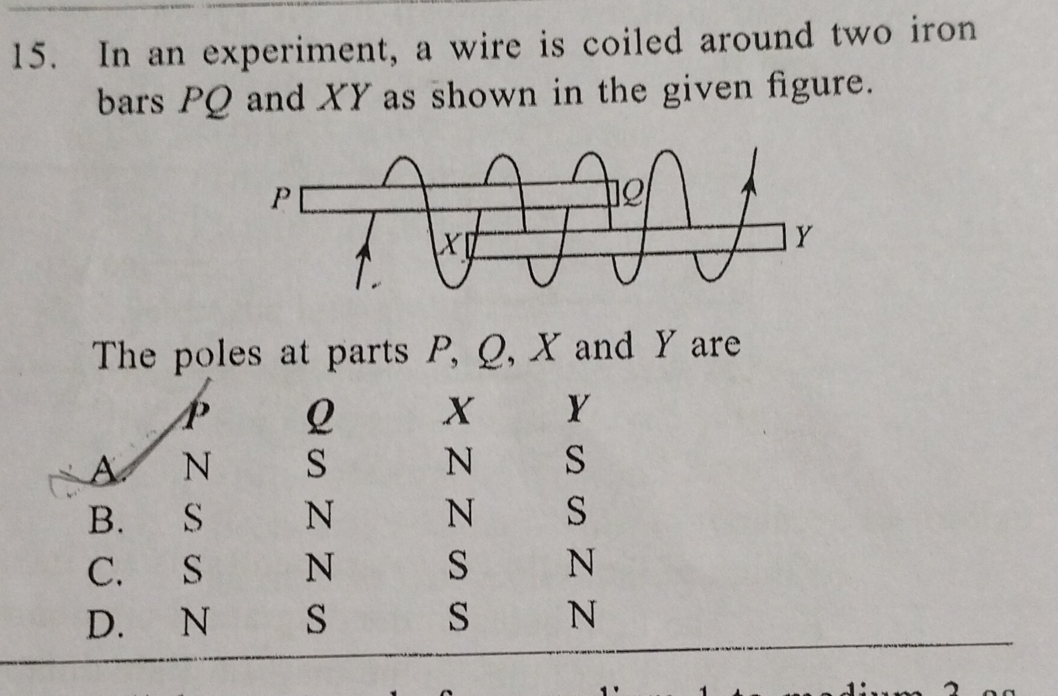 In an experiment, a wire is coiled around two iron bars PQ and XY as s