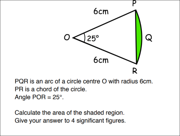 PQR is an arc of a circle centre O with radius 6 cm. PR is a chord of 