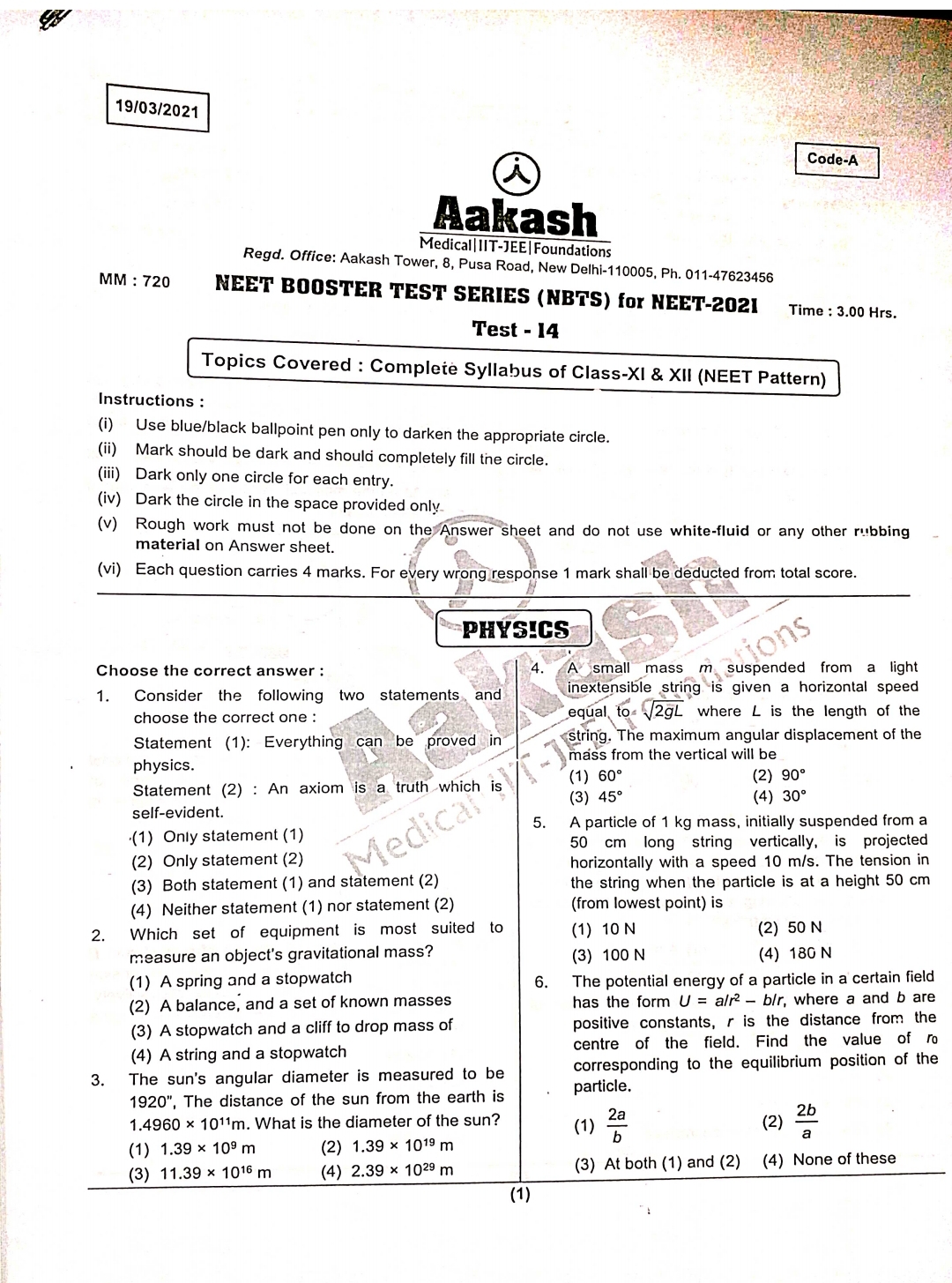 19/03/2021 Code-A Aakash Medical|IIT-JEE|Foundations Regd. Office: Aak