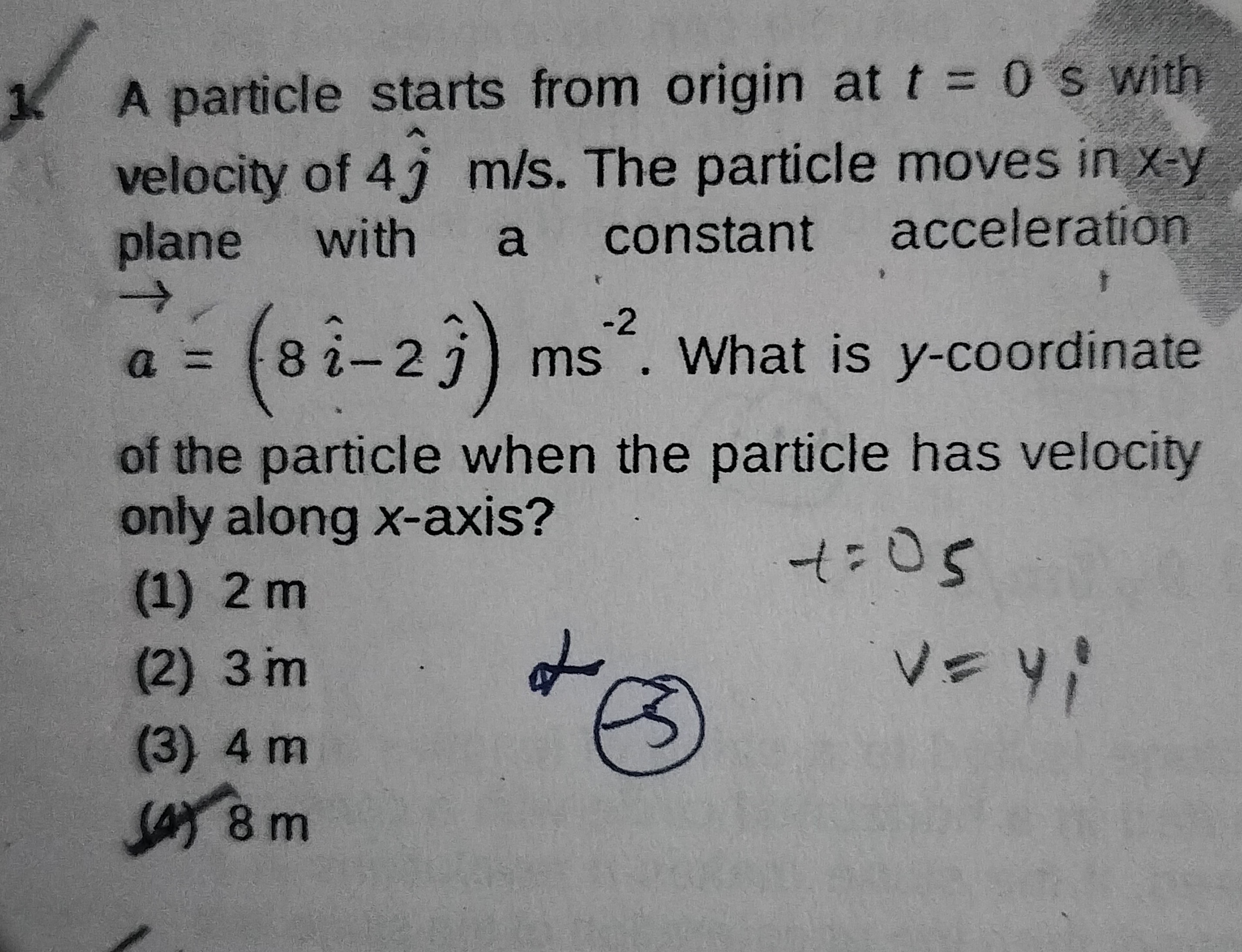 1. A particle starts from origin at t=0 s with velocity of 4j^​ m/s. T