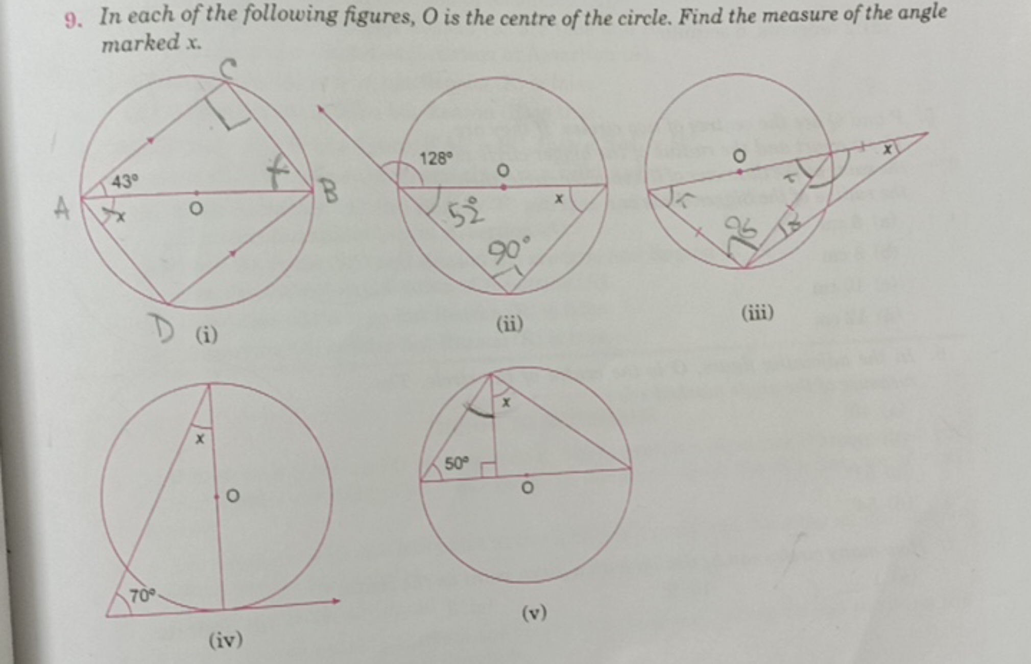 9. In each of the following figures, O is the centre of the circle. Fi