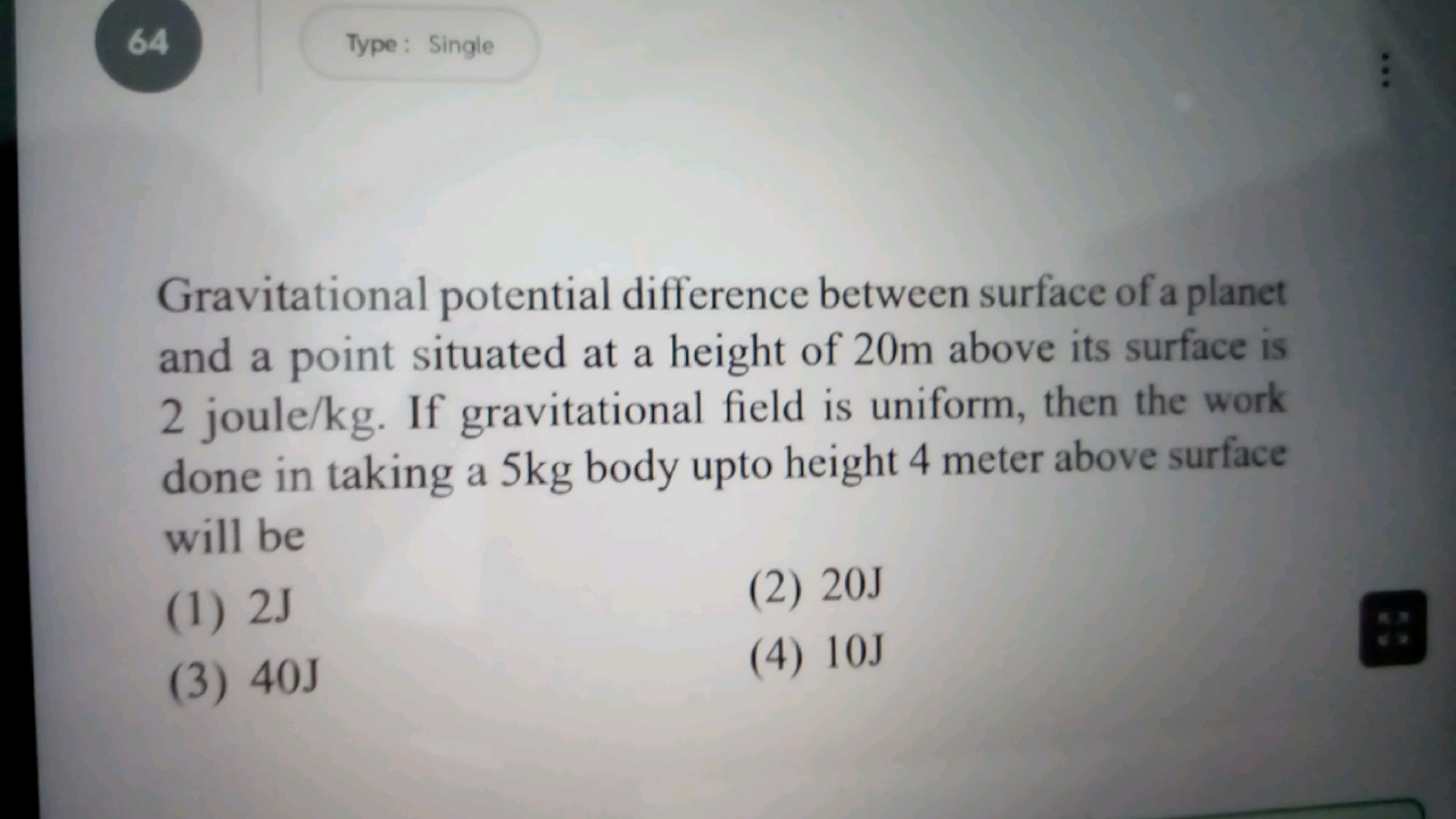 64
Type: Single

Gravitational potential difference between surface of