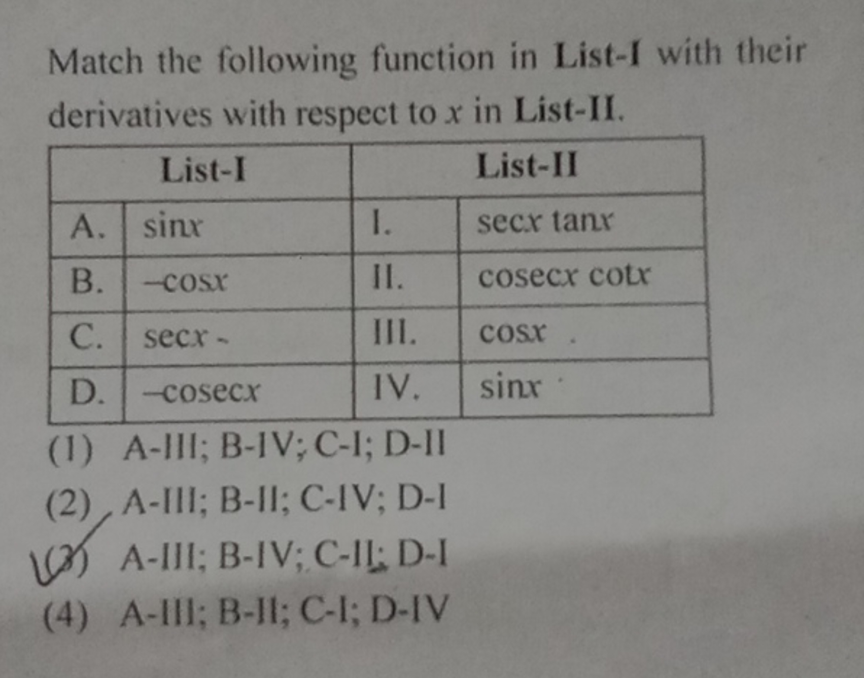 Match the following function in List-I with their derivatives with res