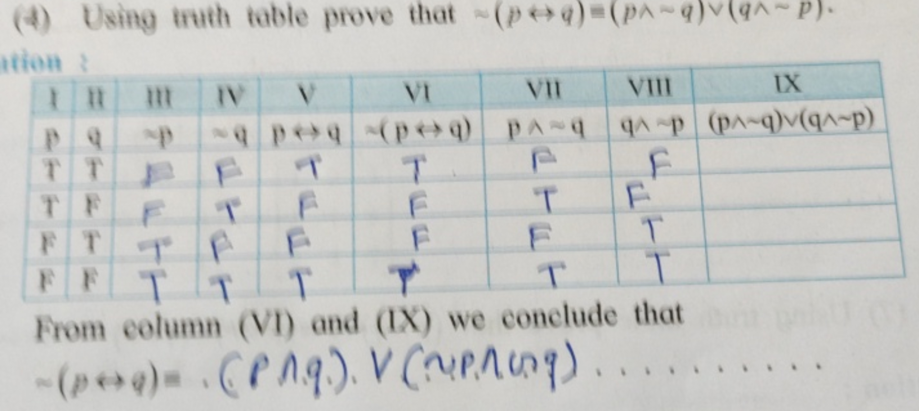 (4) Using truth table prove that ∼(p↔q)=(p∧∼q)∨(q∧∼p).

From column (V