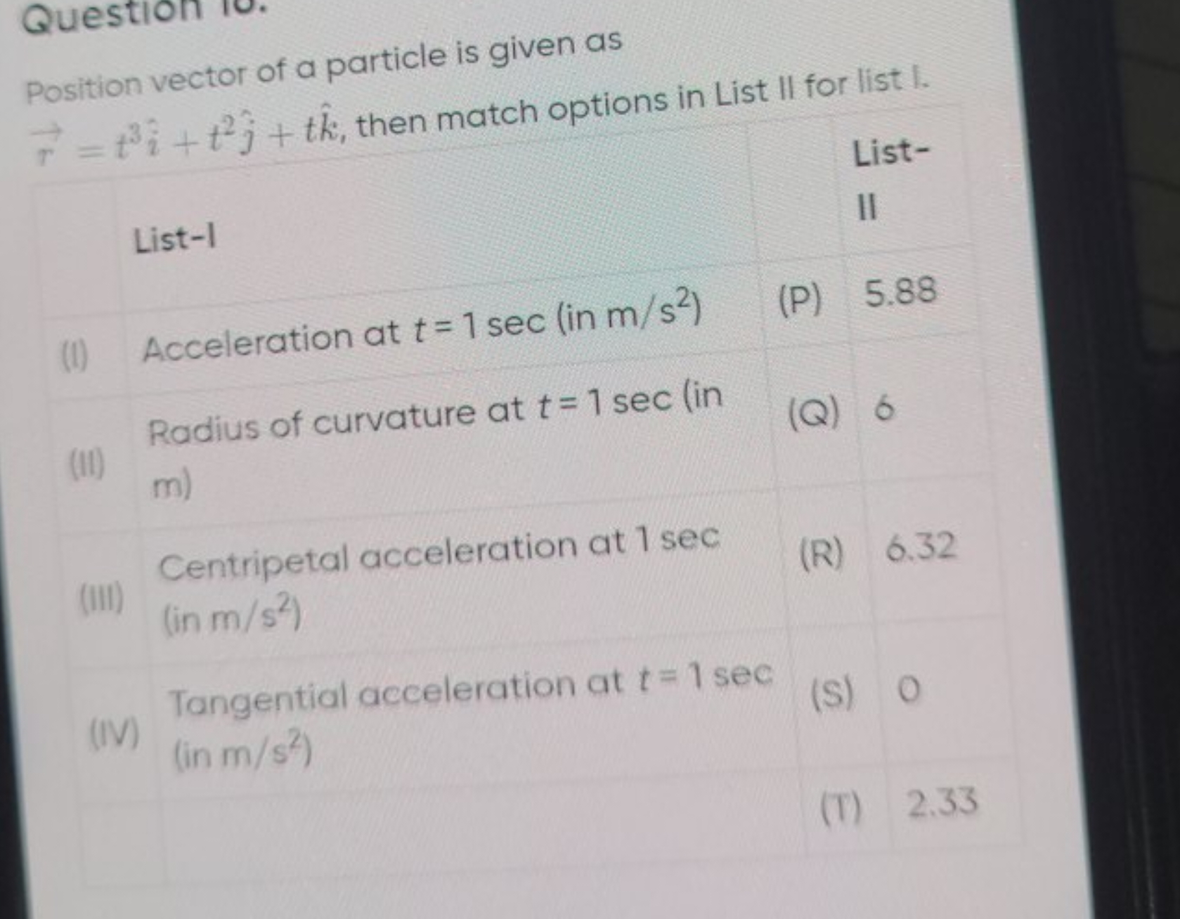 Position vector of a particle is given as r=t3i^+t2j^​+tk^, then match