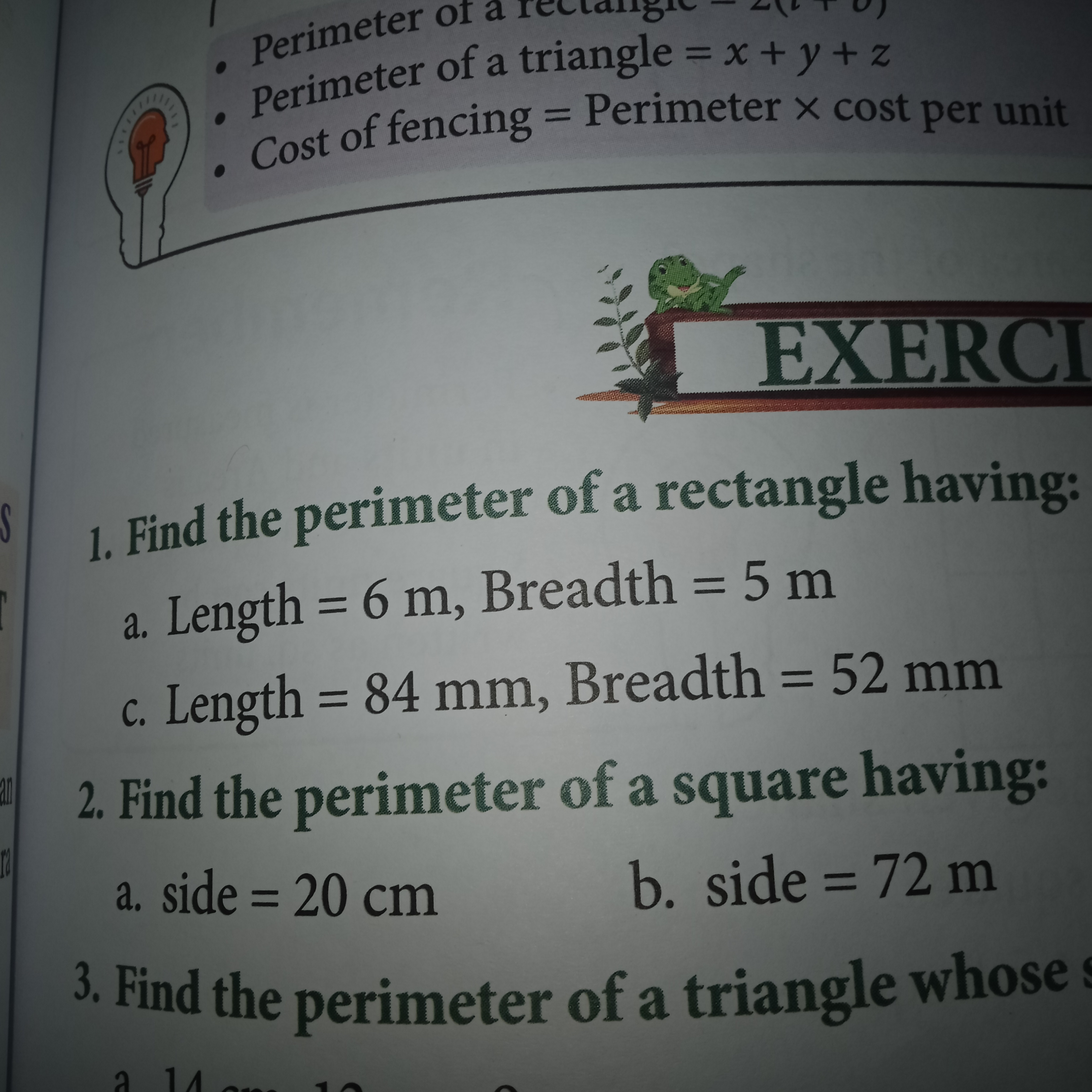 - perimeter o
- Perimeter of a triangle =x+y+z
- Cost of fencing = Per