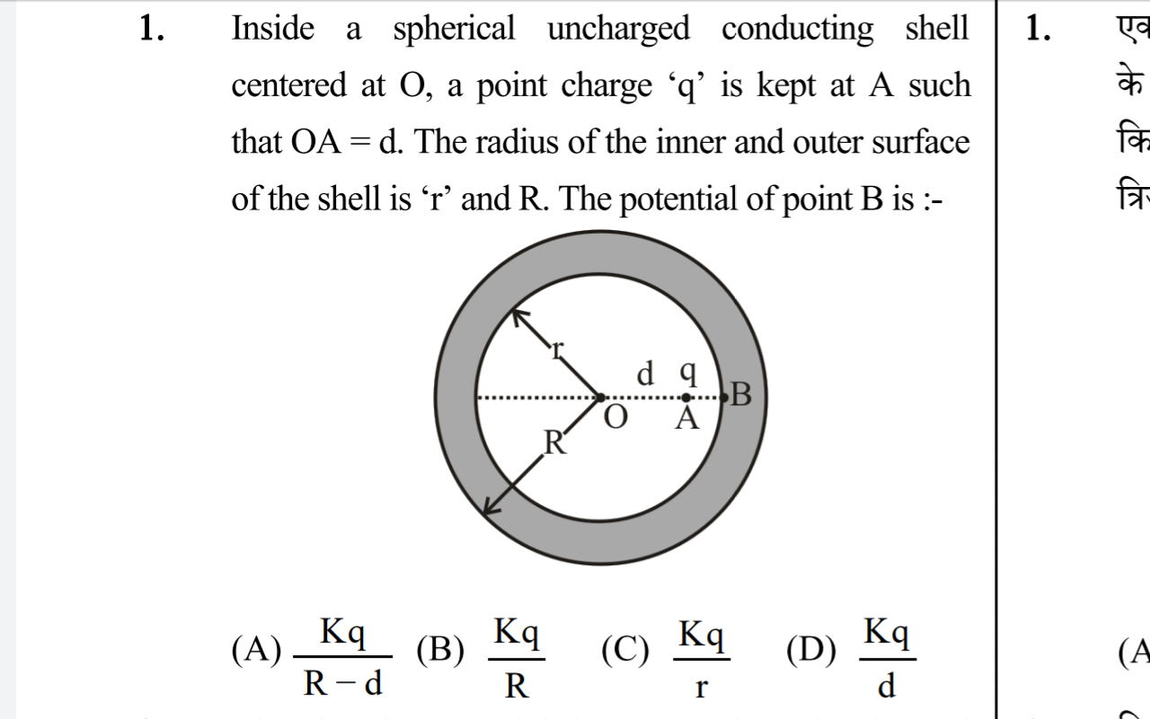 Inside a spherical uncharged conducting shell centered at O, a point c