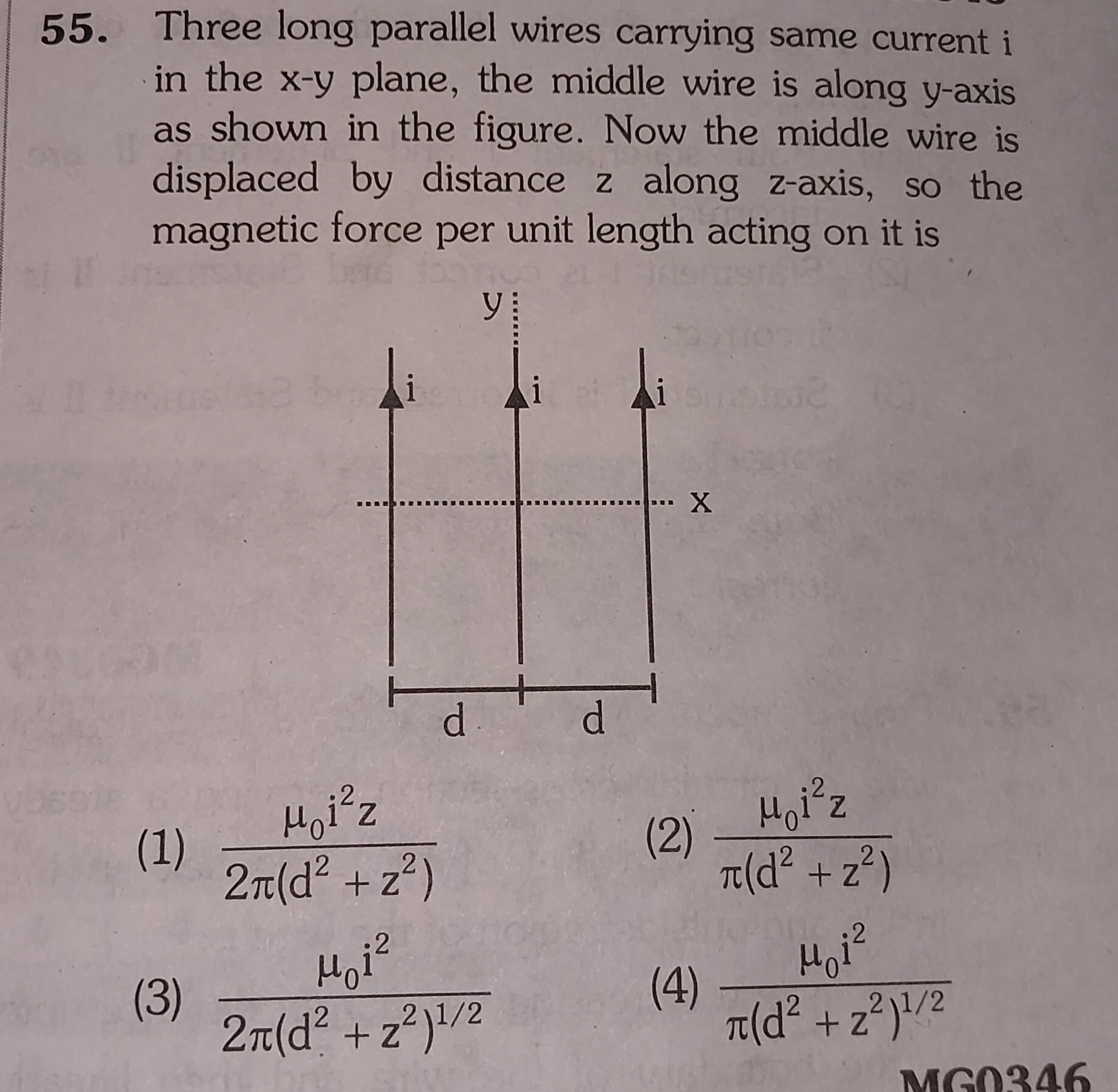 Three long parallel wires carrying same current i in the x−y plane, th