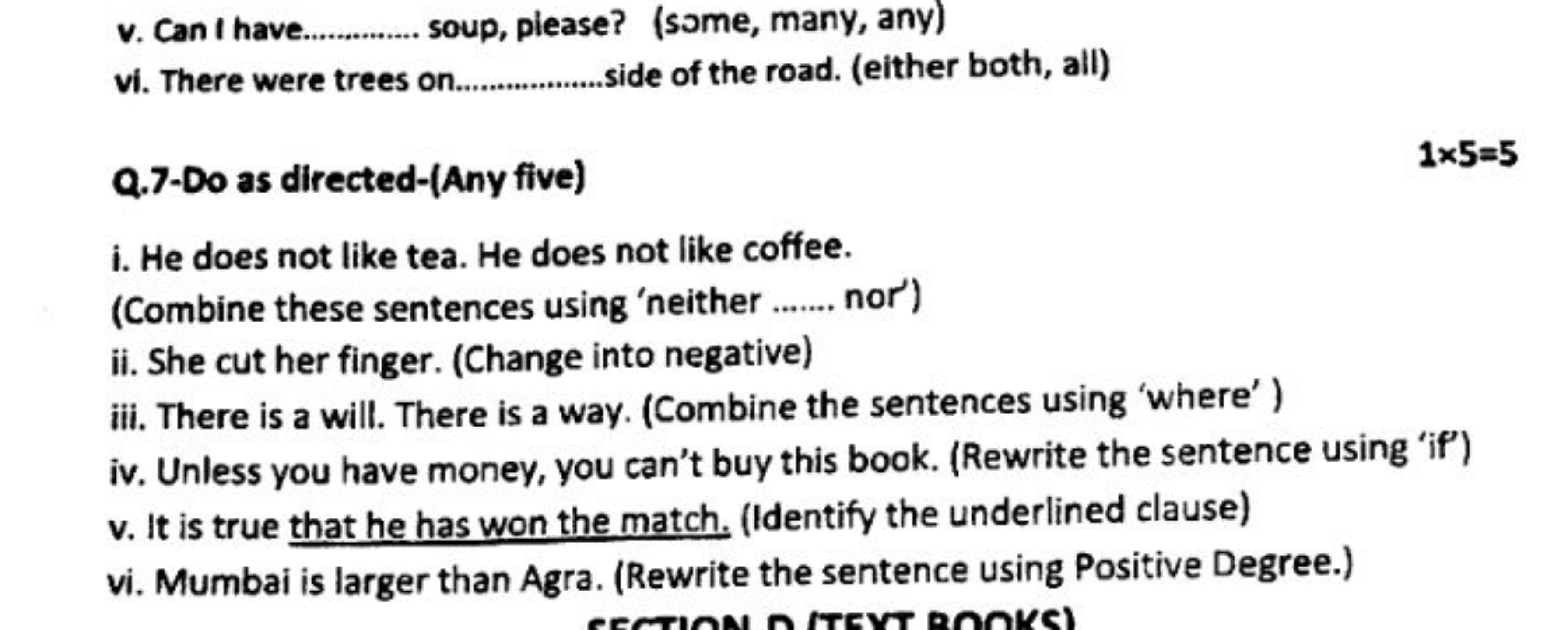 v. Can I have.  soup, please? (some, many, any)
vi. There were trees o