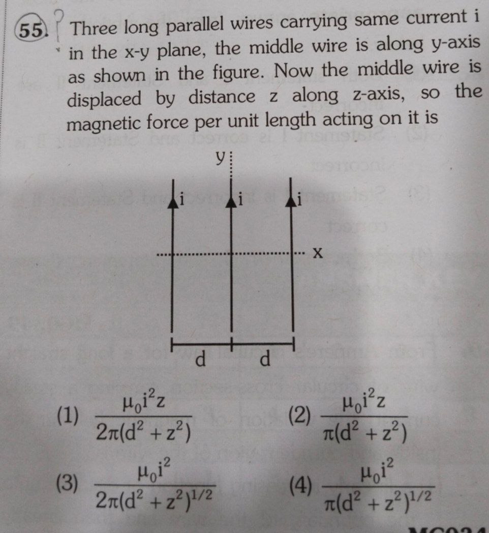 Three long parallel wires carrying same current i in the x−y plane, th