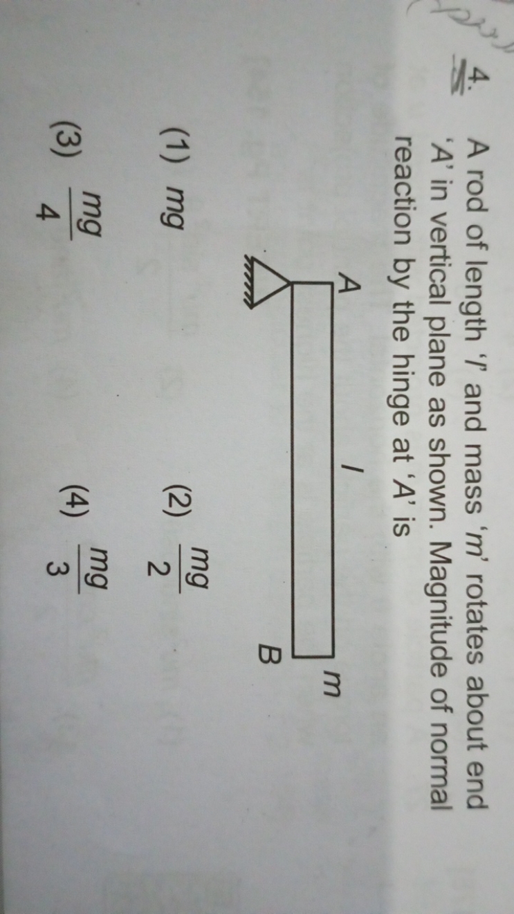 4. A rod of length ' l ' and mass ' m ' rotates about end ' A ' in ver