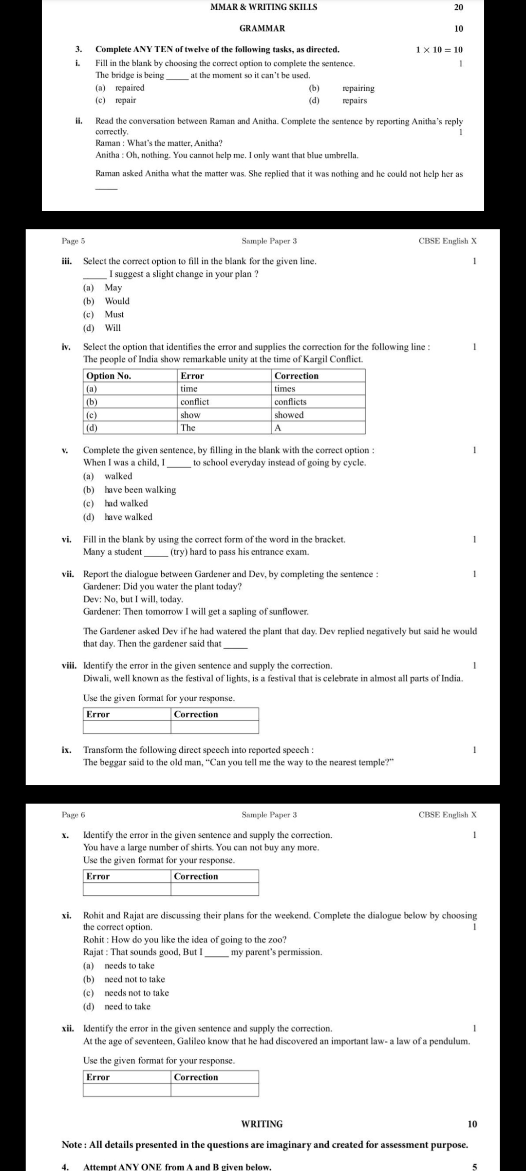 MMAR \& WRITING SKILLS 20 GRAMMAR 10 3. Complete ANY TEN of twelve of 