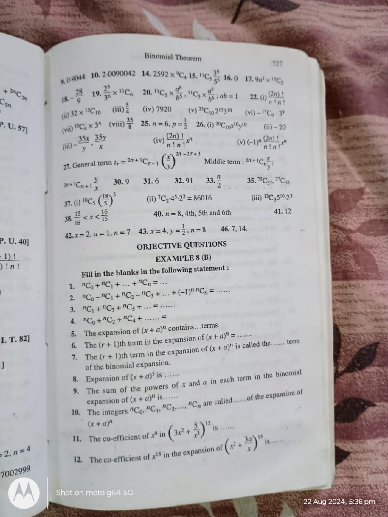 Binomial Theorem
727
9. 0.9044
10. 2.0090042
14. 2592×9C4​15.14C5​5535