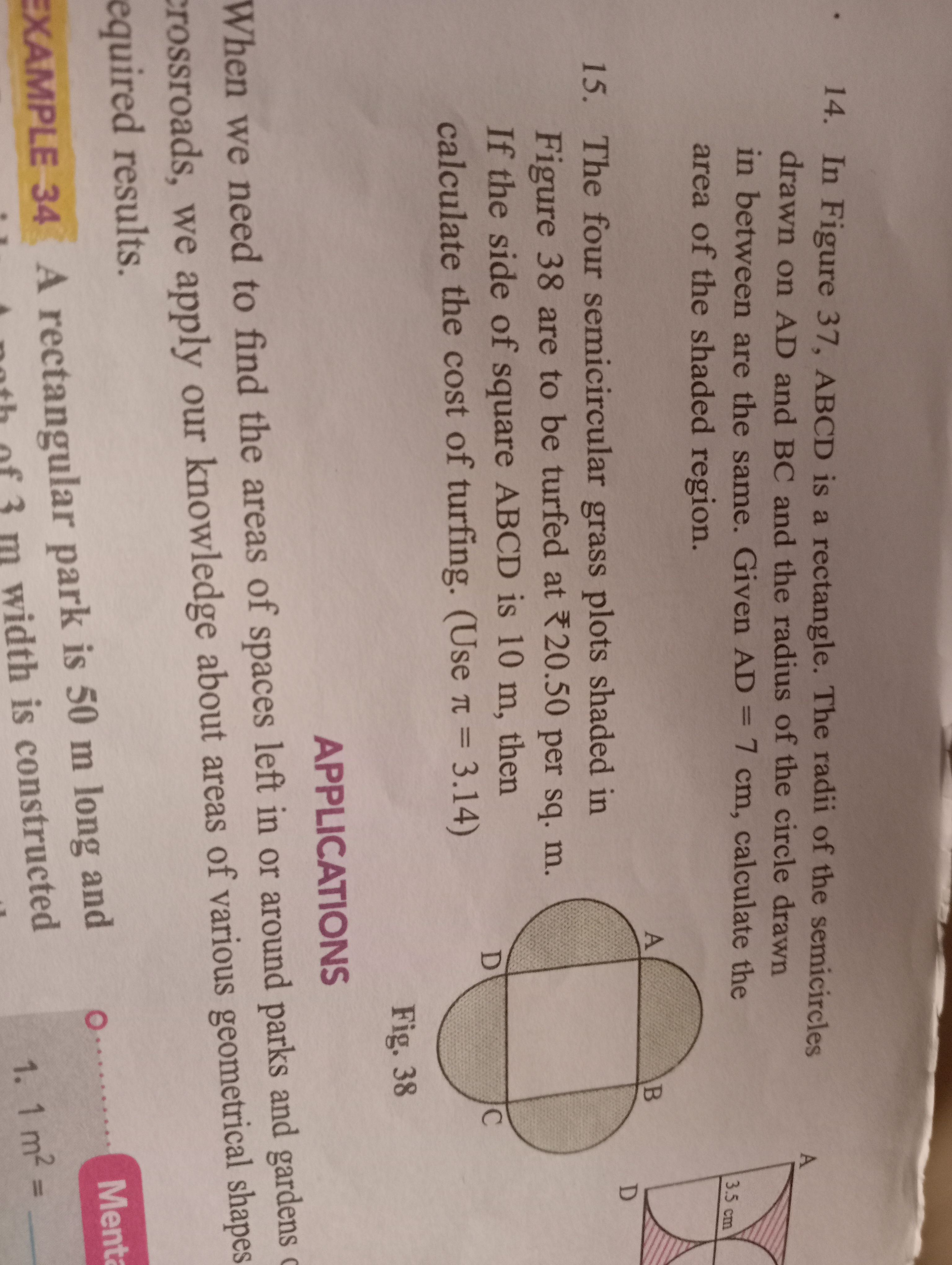 14. In Figure 37,ABCD is a rectangle. The radii of the semicircles dra