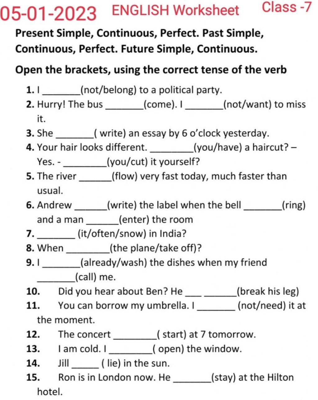 05-01-2023 ENGLISH Worksheet Class -7 Present Simple, Continuous, Perf