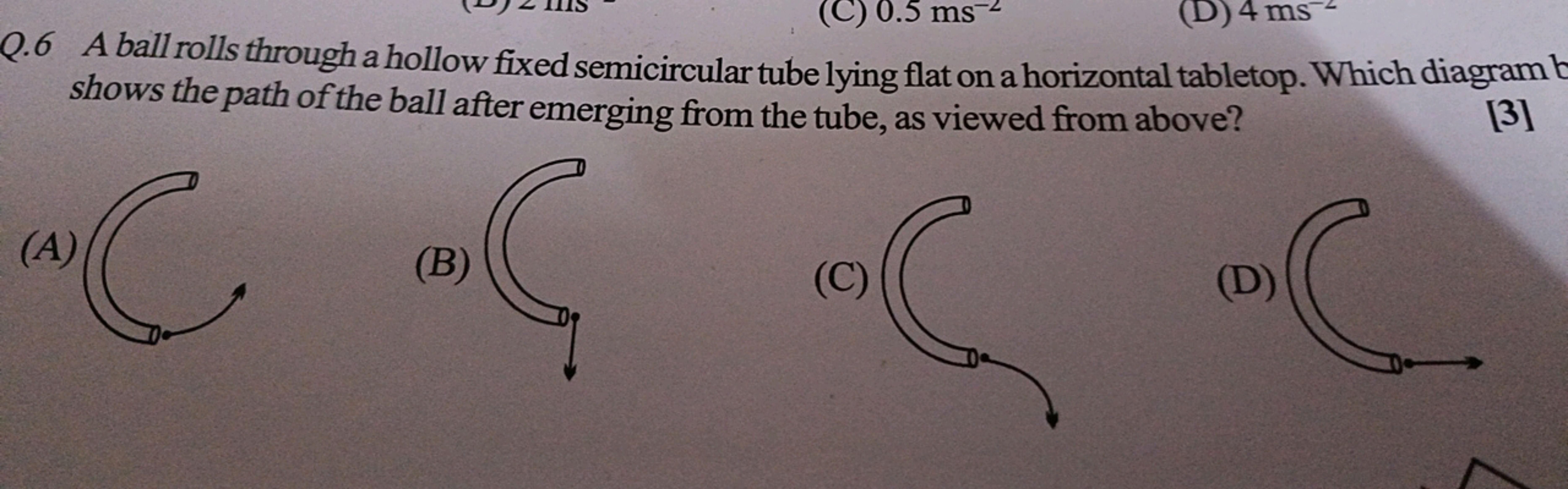 Q. 6 A ball rolls through a hollow fixed semicircular tube lying flat 