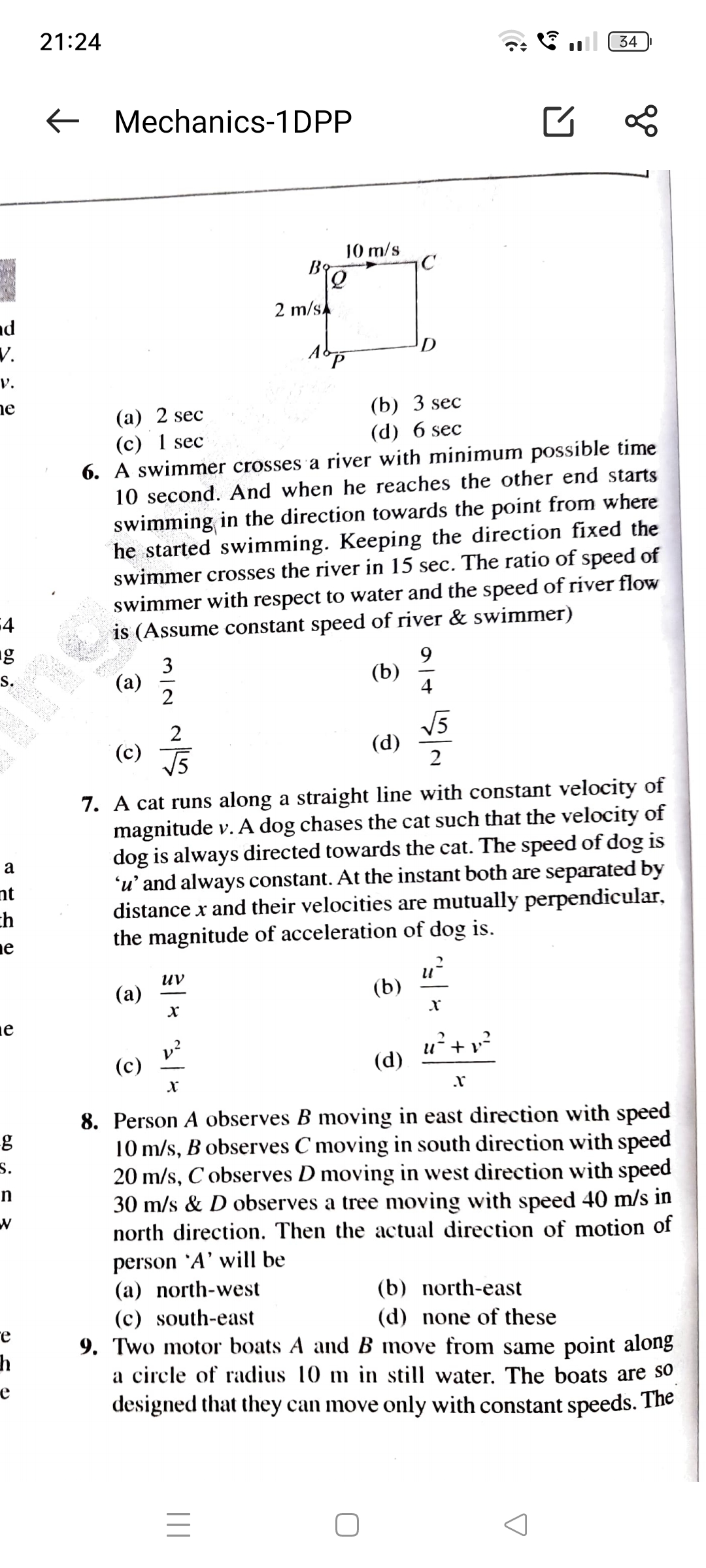 A cat runs along a straight line with constant velocity of magnitude v