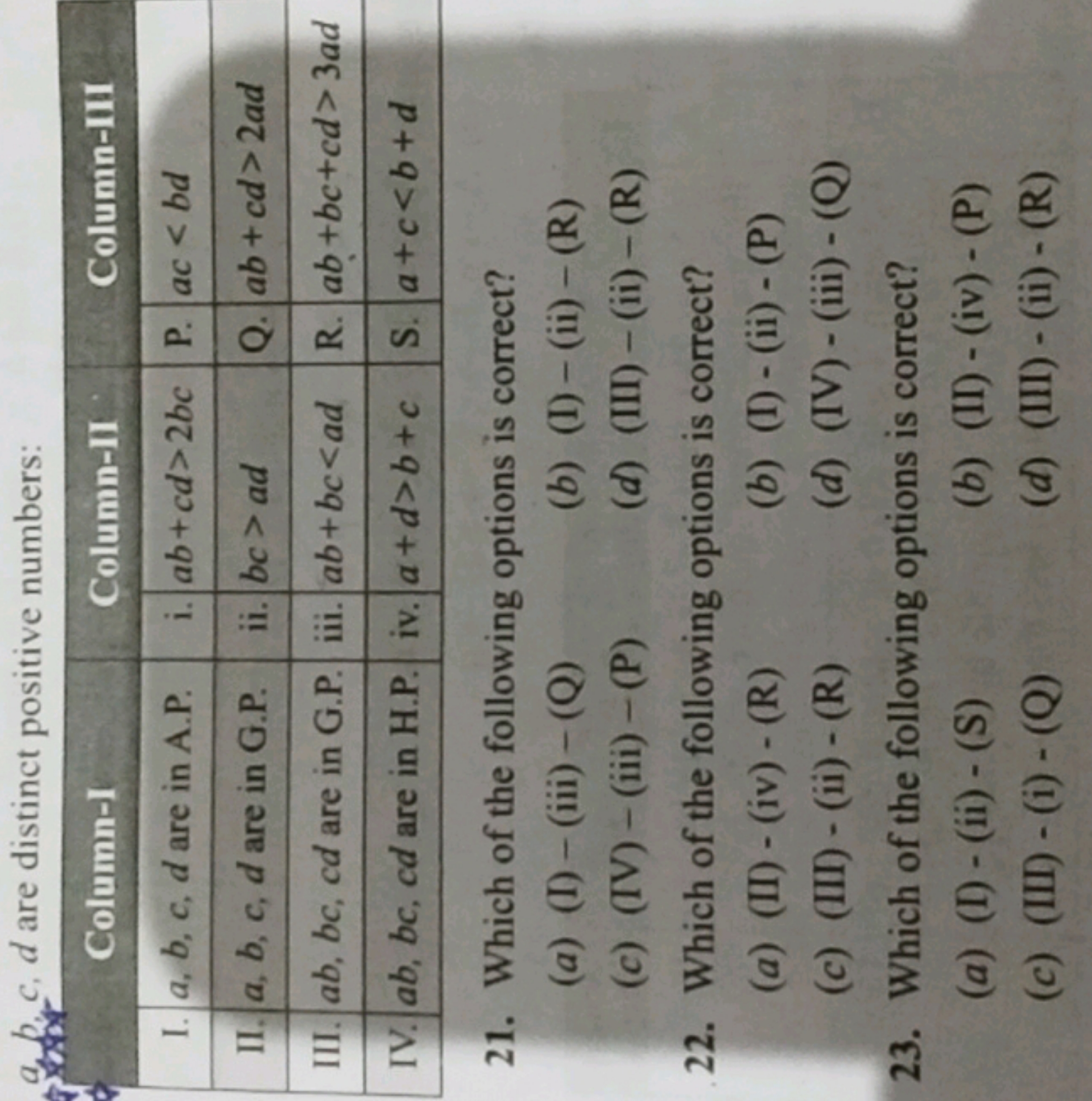 a bes, d are distinct positive numbers:
\begin{tabular} { | r | l | r 