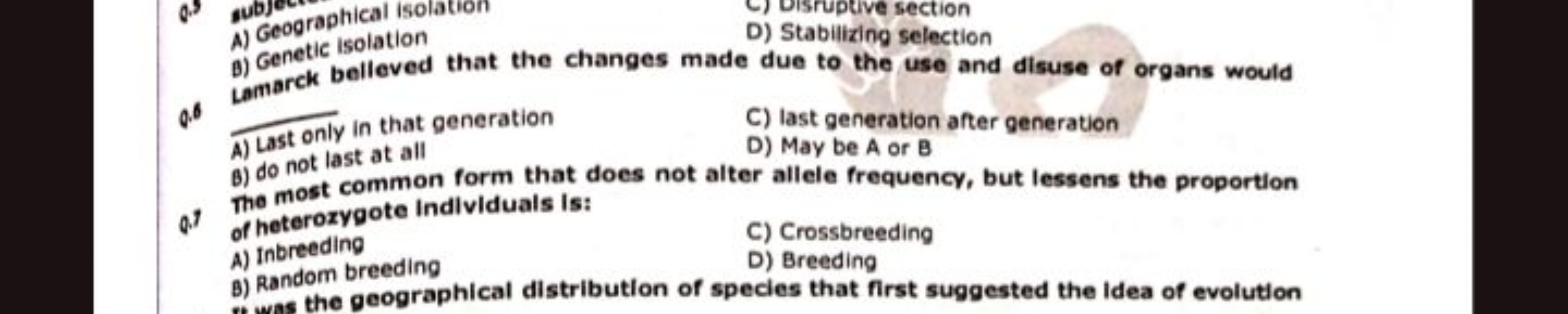 A) Geographical isolation
C) Disruptive section
B) Genetic isolation
D