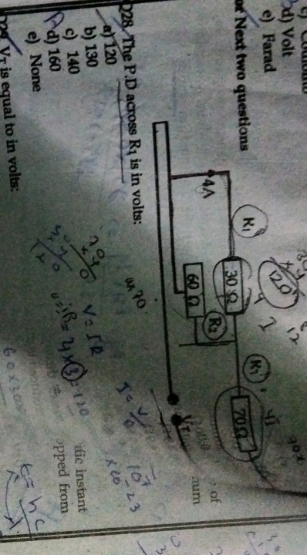 d) Volt
e) Farad

Next two questions
228. The P.D across R1​ is in vol