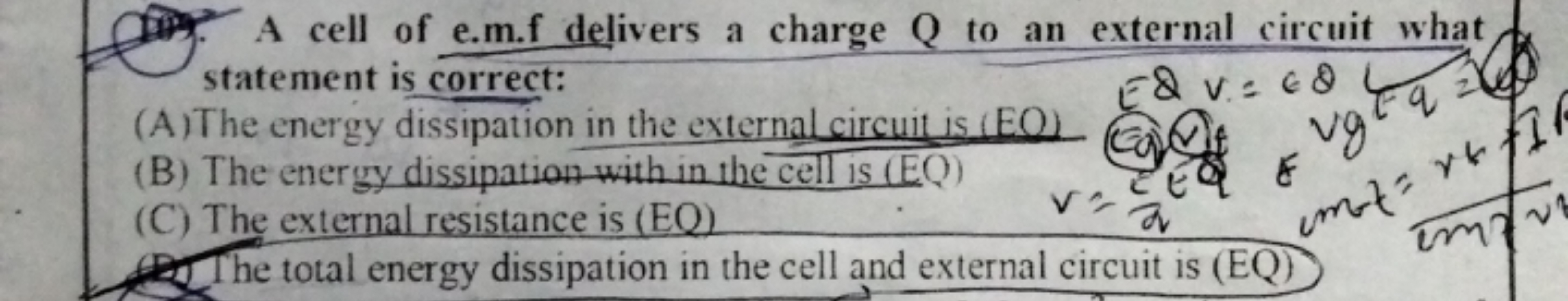 (in). A cell of e.m.f delivers a charge Q to an external circuit what 