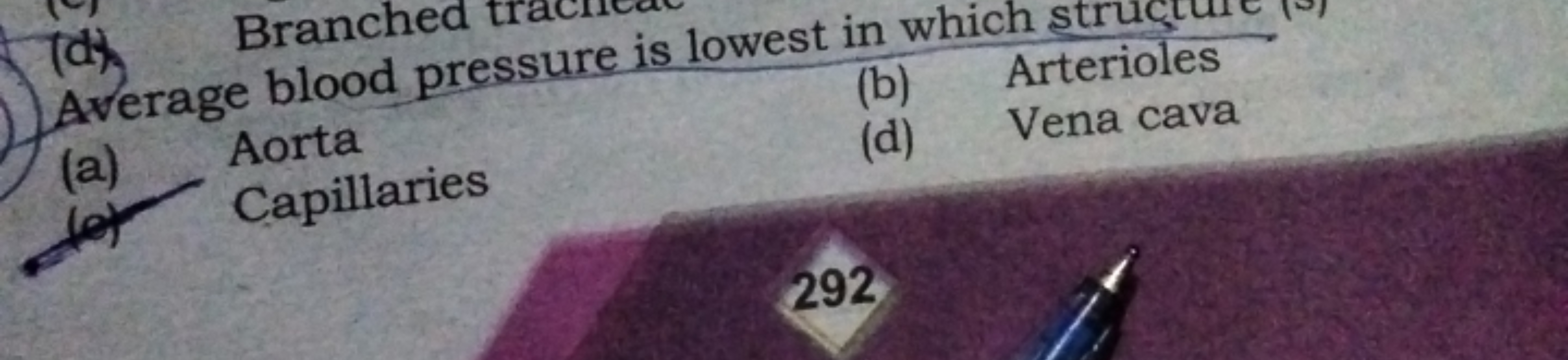 Branched
Average blood pressure is lowest in which
(b) Arterioles
(a)
