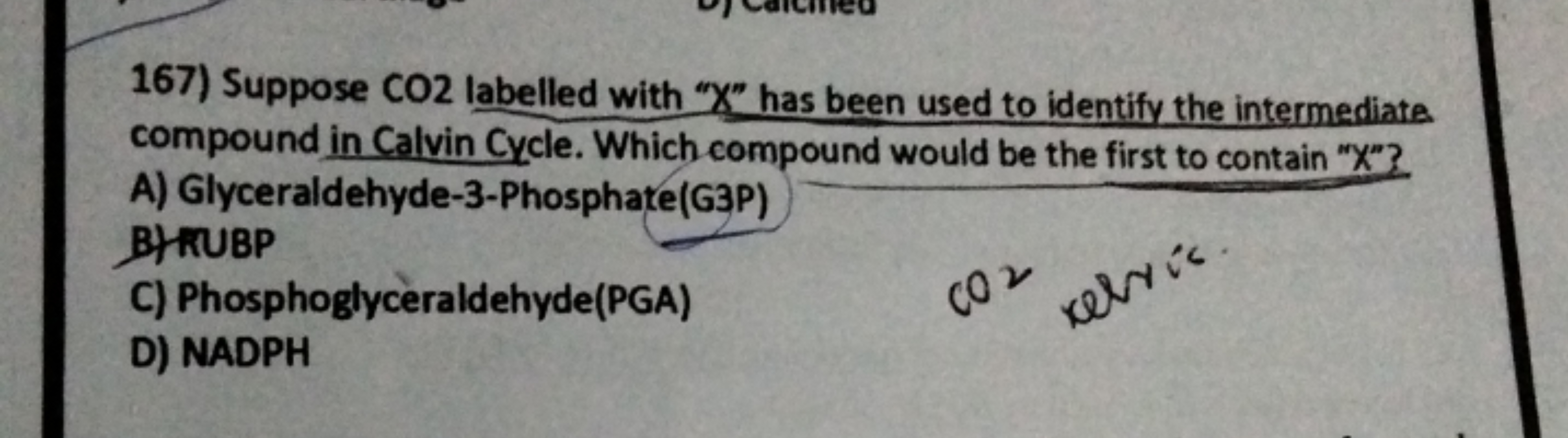 167) Suppose CO2 labelled with " X " has been used to identify the int