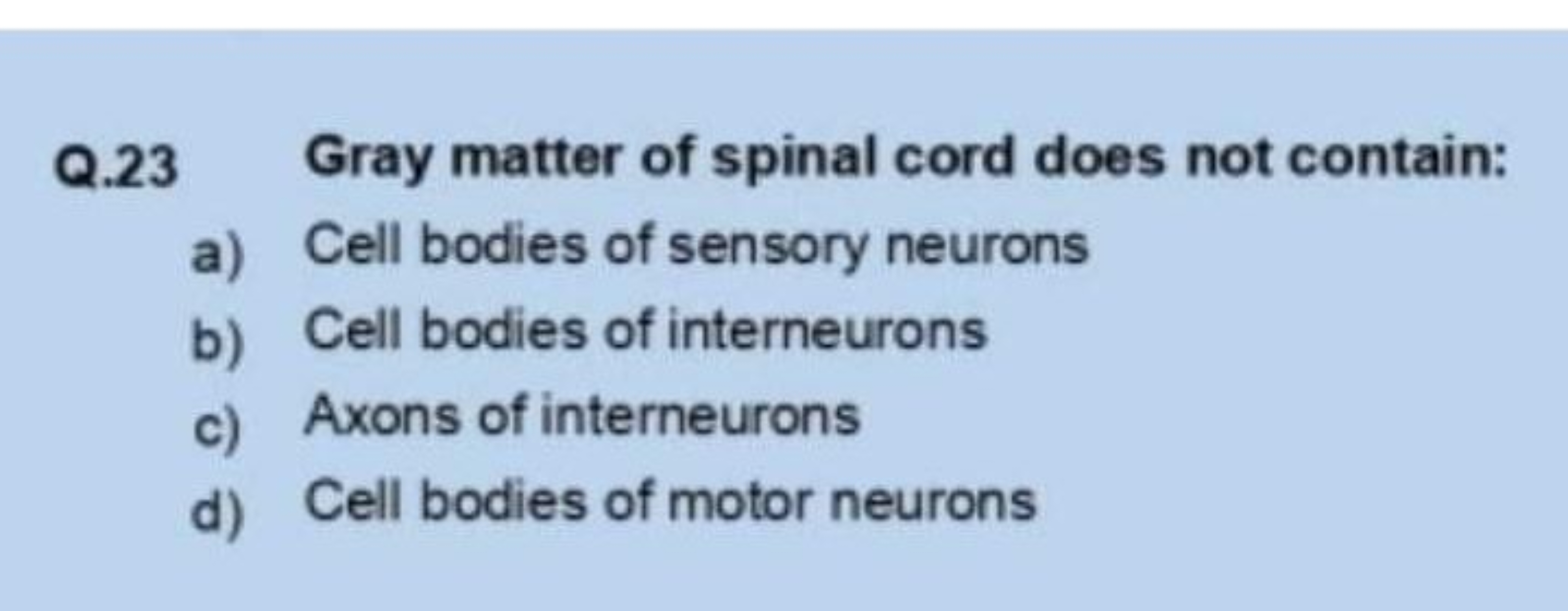 Q. 23 Gray matter of spinal cord does not contain:
a) Cell bodies of s