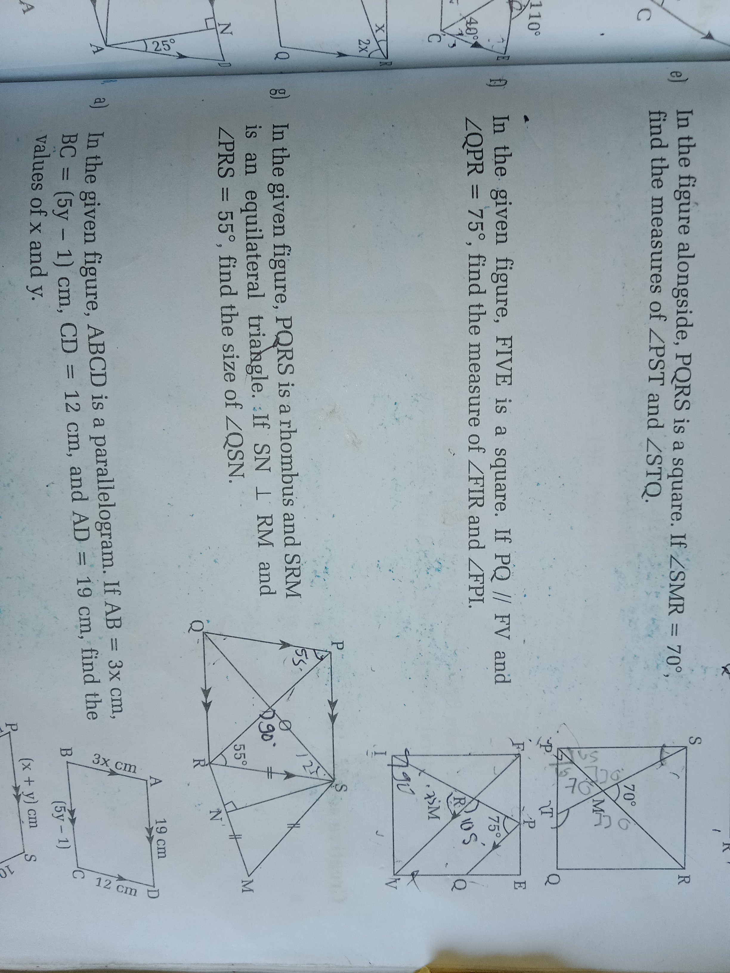 e) In the figure alongside, PQRS is a square. If ∠SMR=70∘, find the me