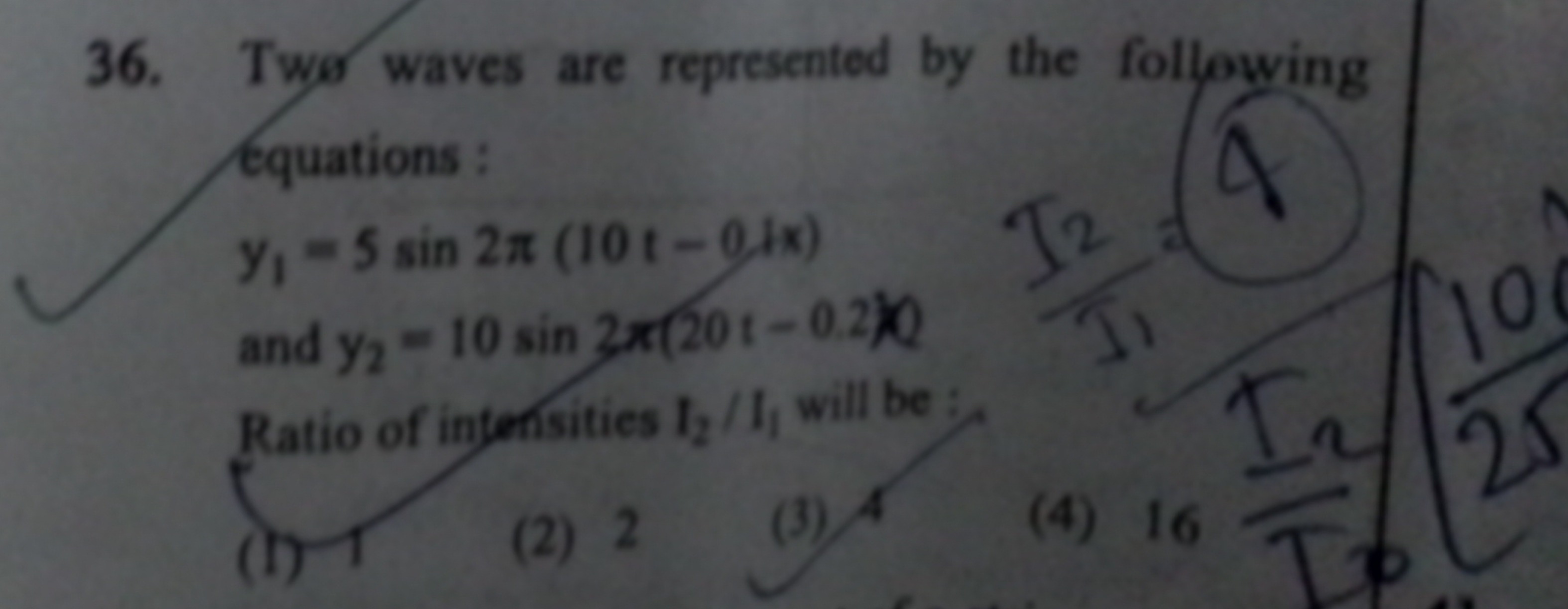Two waves are represented by the following equations : y1​=5sin2π(10t−