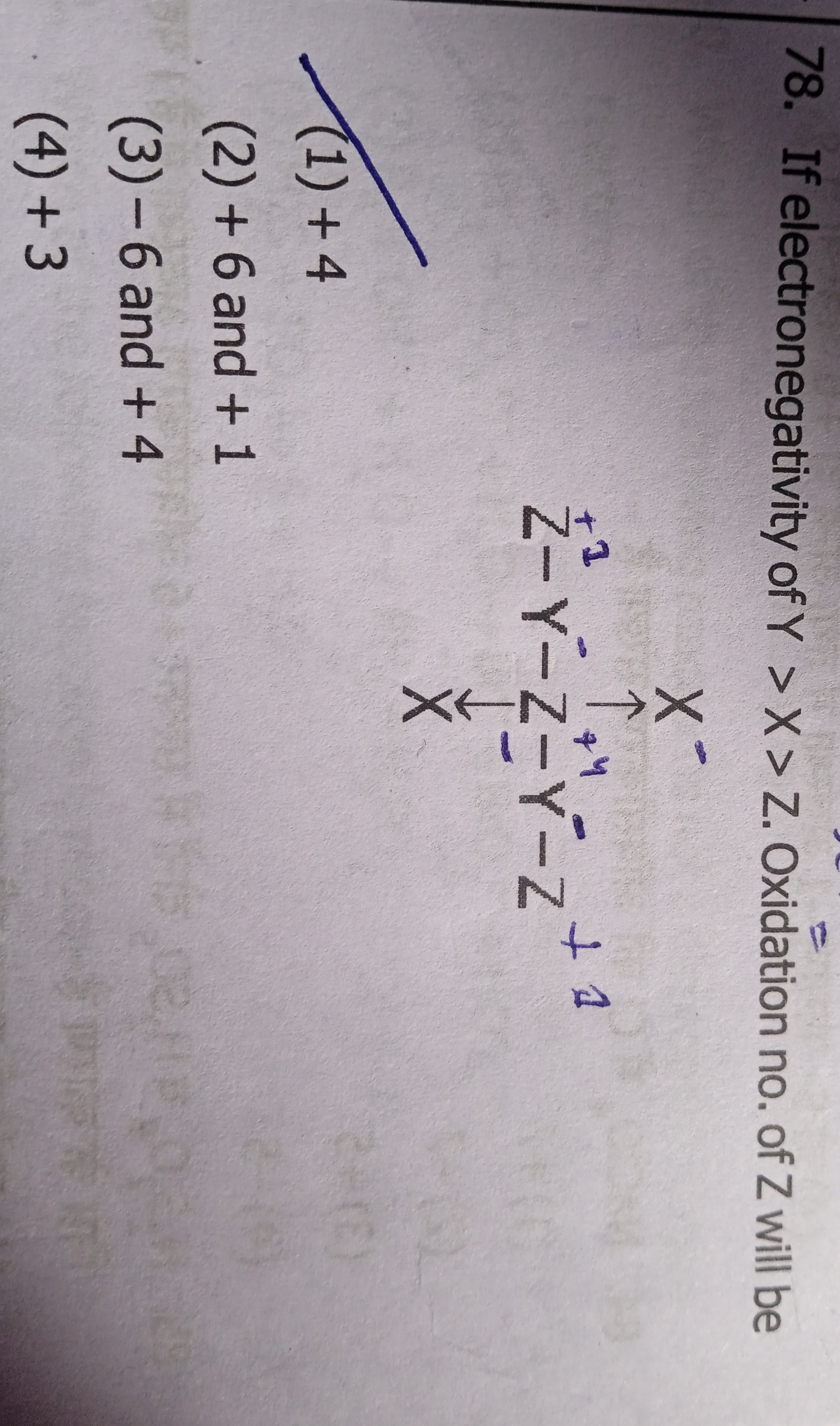 78. If electronegativity of Y>X>Z. Oxidation no. of Z will be
[Z][Y][T