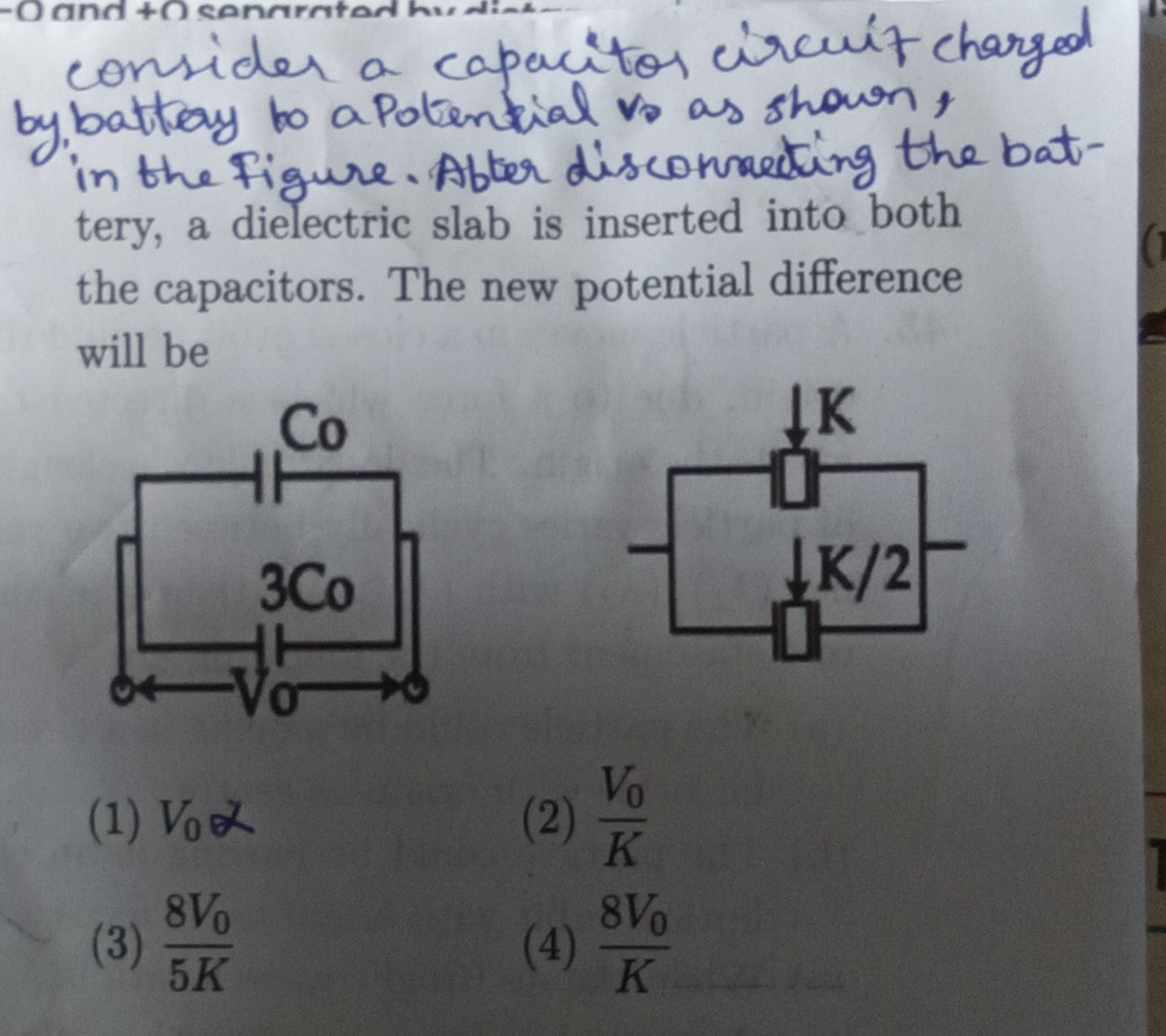 consider a capacitor circuit charged by batteay to a potential vs​ as 